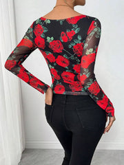 Floral Print Mesh U Neck Long Sleeves Blouse