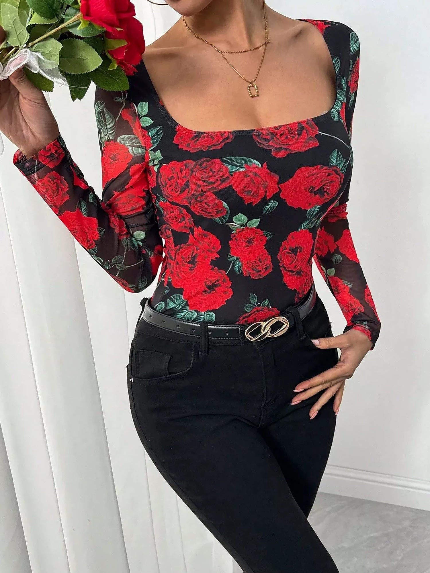 Floral Print Mesh U Neck Long Sleeves Blouse