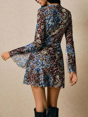 Mock Neck Split Sleeves Leopard Floral Mini Dress
