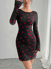 Heart Print Flared Sleeve Backless Mesh Bodycon Dress