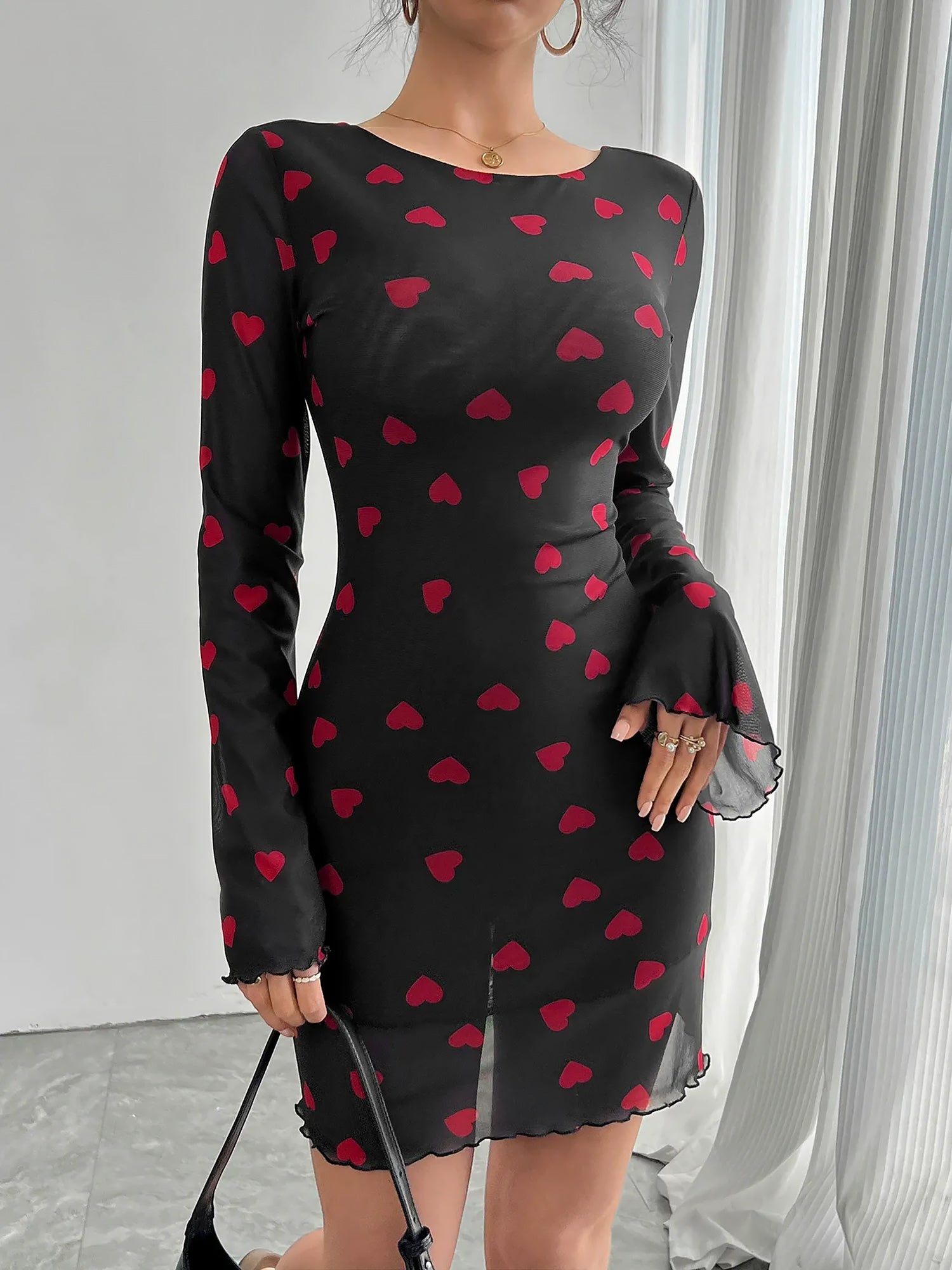 Heart Print Flared Sleeve Backless Mesh Bodycon Dress