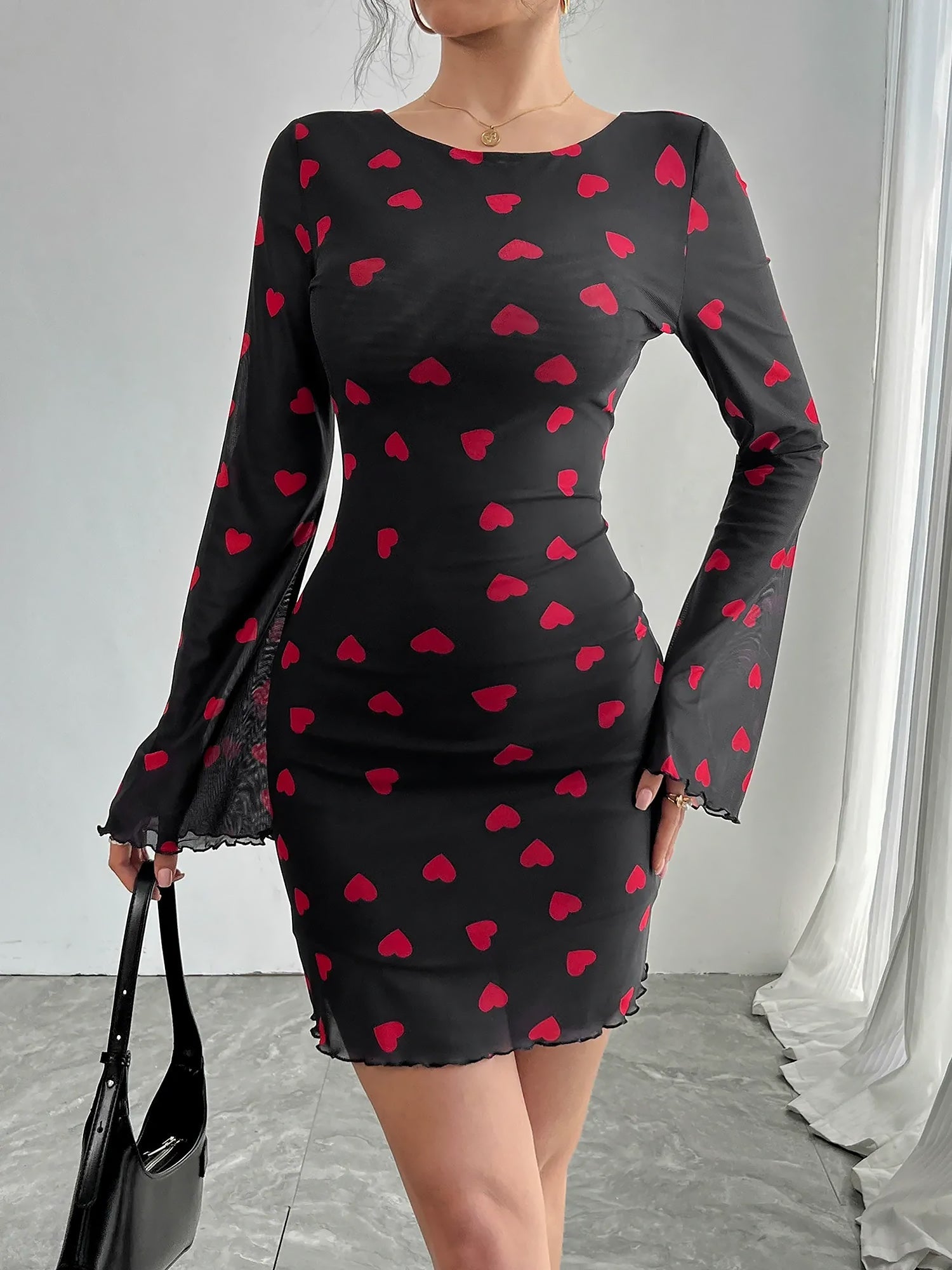 Heart Print Flared Sleeve Backless Mesh Bodycon Dress