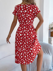 Heart Print Round Neck Pleated A-Line Midi Dress