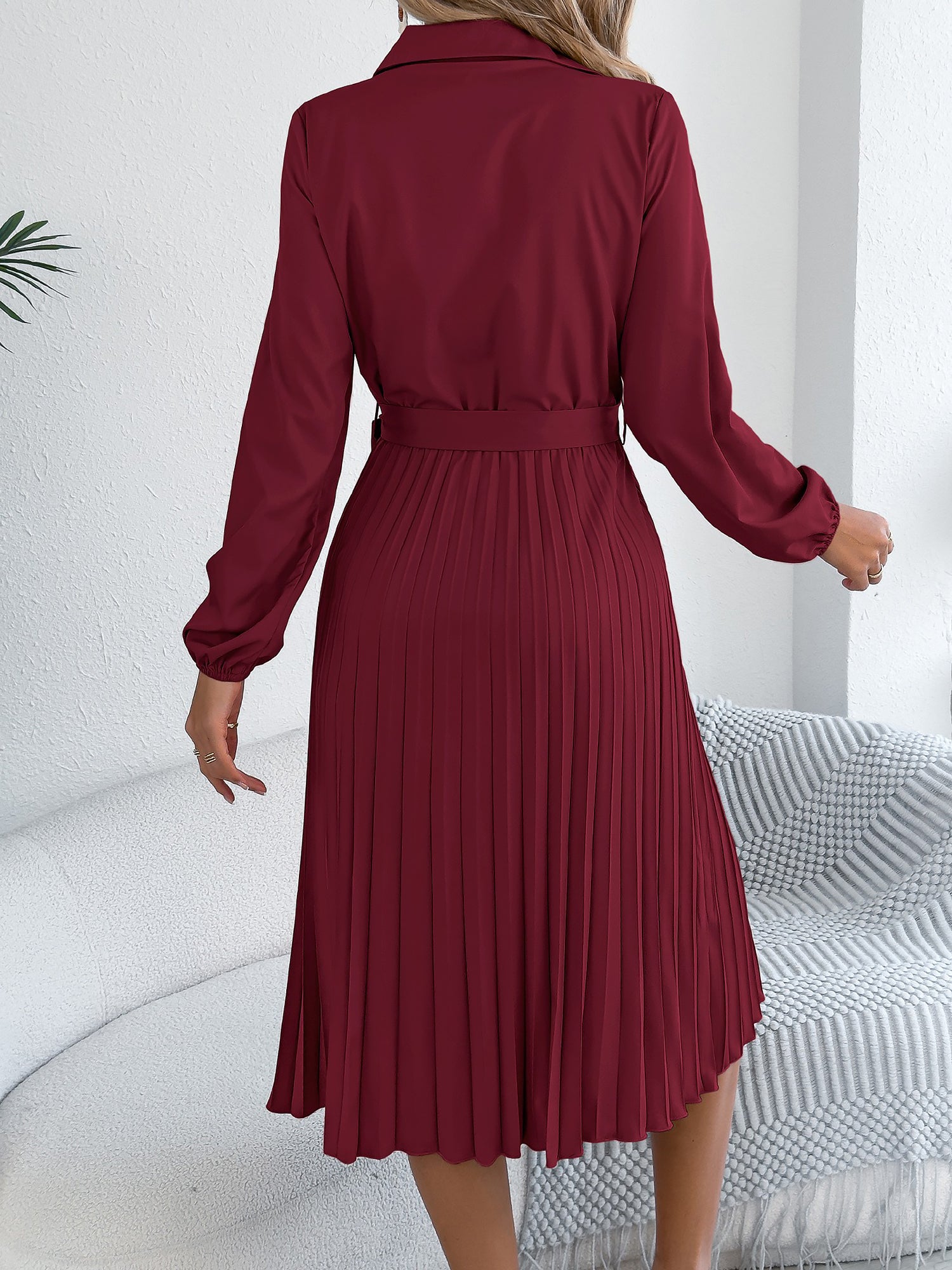 Collared Long Sleeve Belted Pleated Midi Shirt Dress