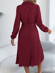 Collared Long Sleeve Belted Pleated Midi Shirt Dress