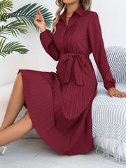 Collared Long Sleeve Belted Pleated Midi Shirt Dress