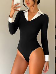 Fake-2-Piece Colorblock Collared Long Sleeves Bodysuits