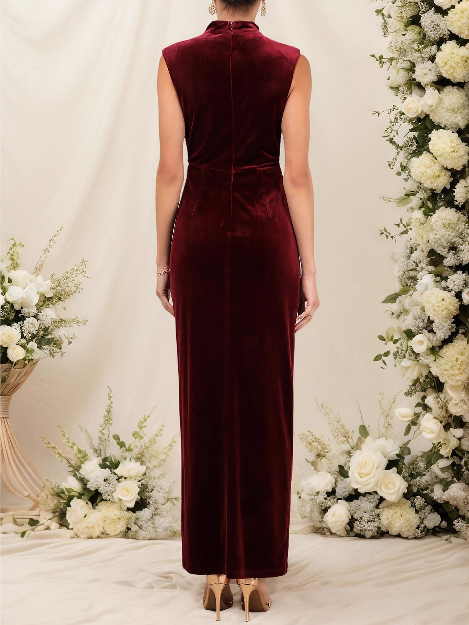 Mock Neck Sleeveless Ruched Velvet Evening Gown Slit Dress