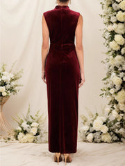 Mock Neck Sleeveless Ruched Velvet Evening Gown Slit Dress