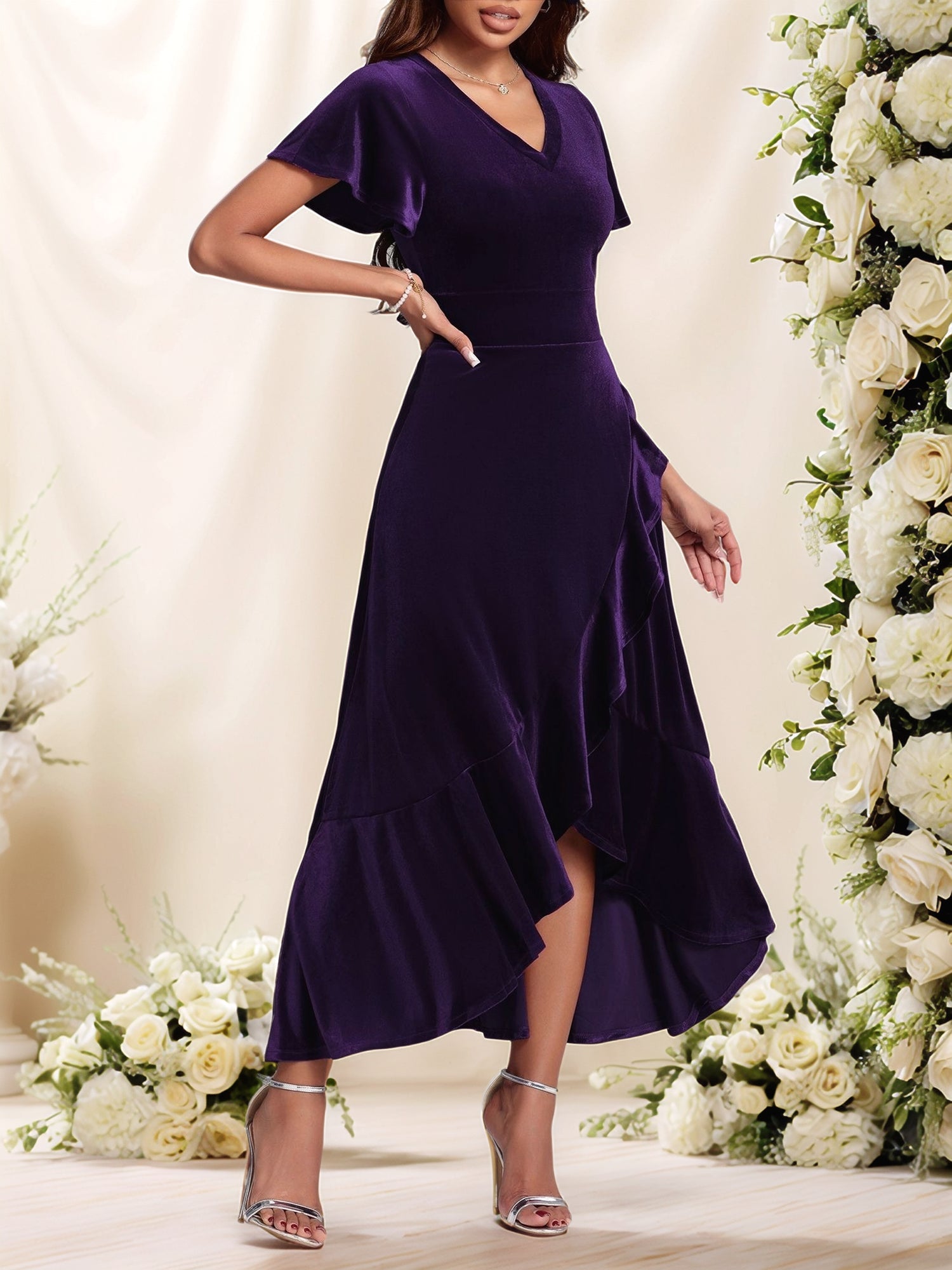 Velvet Ruffled Short Sleeves A-Line Midi Dress