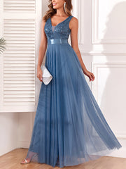 Sequin Embroidered V Neck Sleeveless Evening Gown Maxi Dress