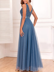 Sequin Embroidered V Neck Sleeveless Evening Gown Maxi Dress