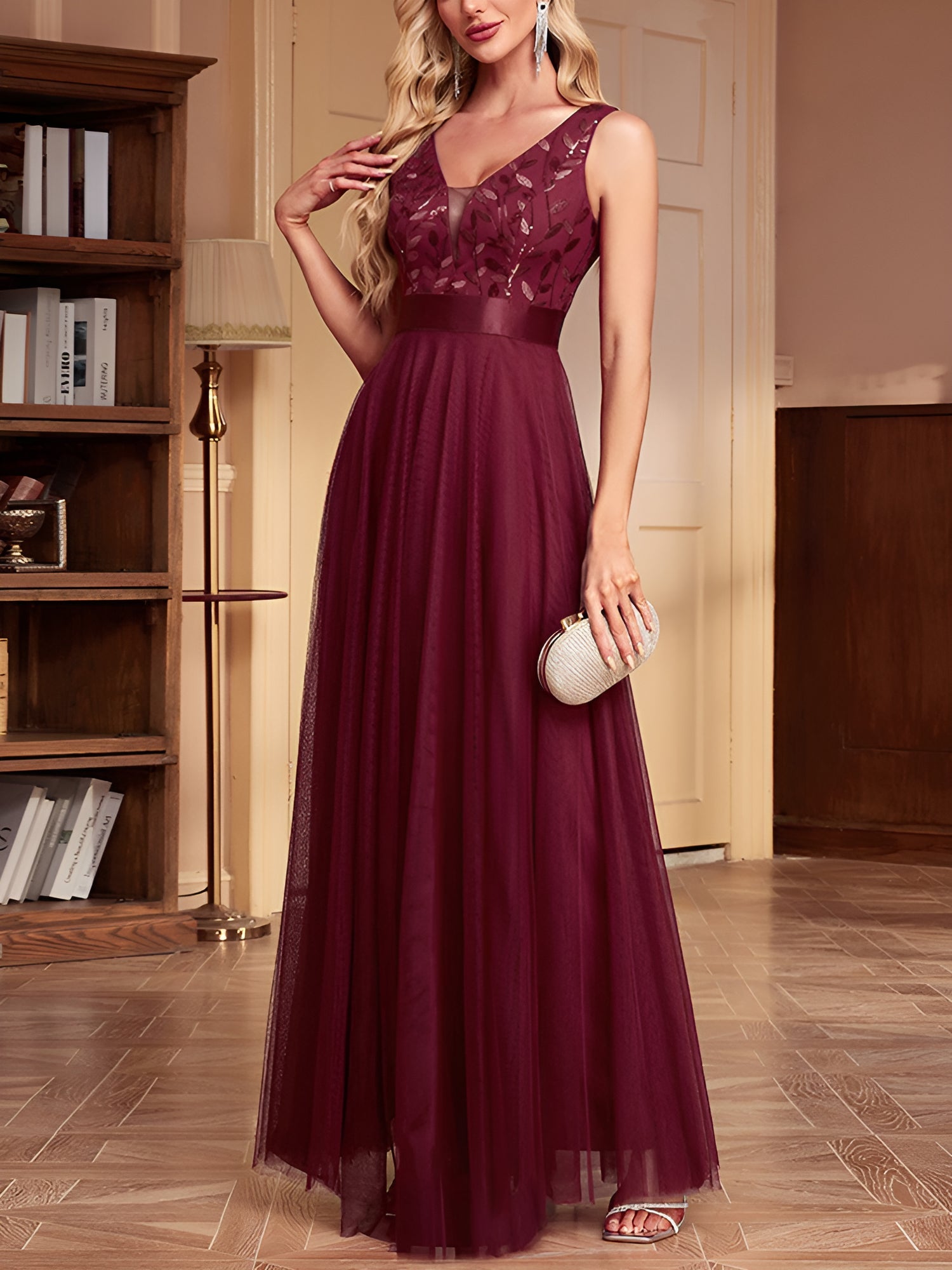 Sequin Embroidered V Neck Sleeveless Evening Gown Maxi Dress