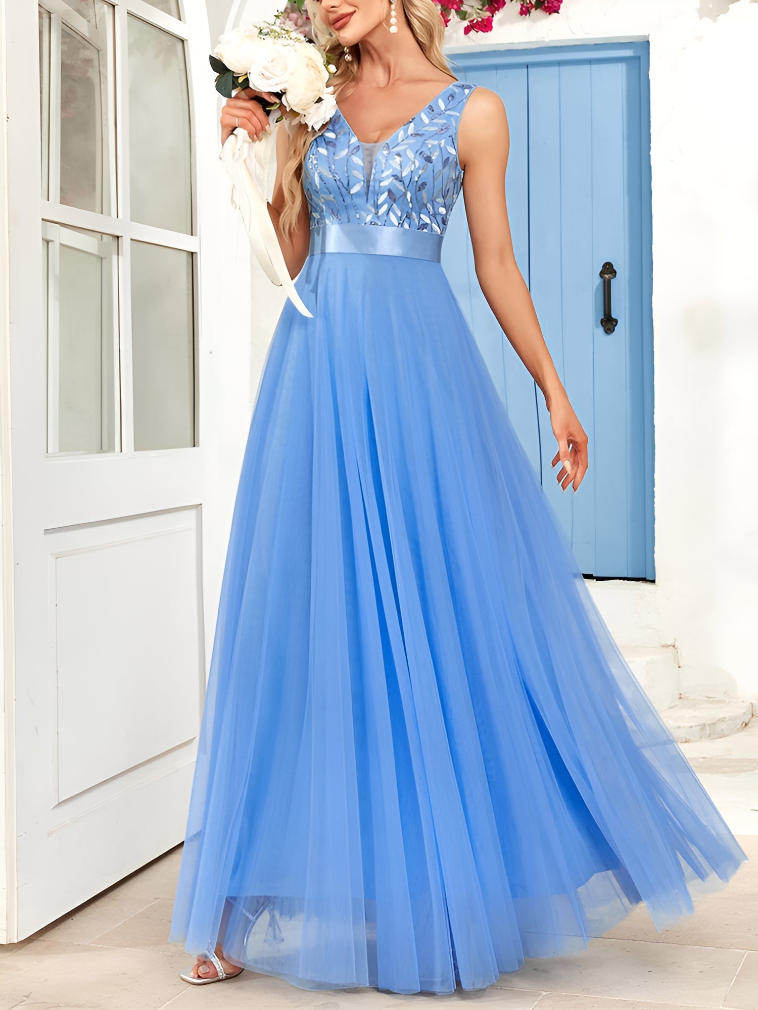Sequin Embroidered V Neck Sleeveless Evening Gown Maxi Dress