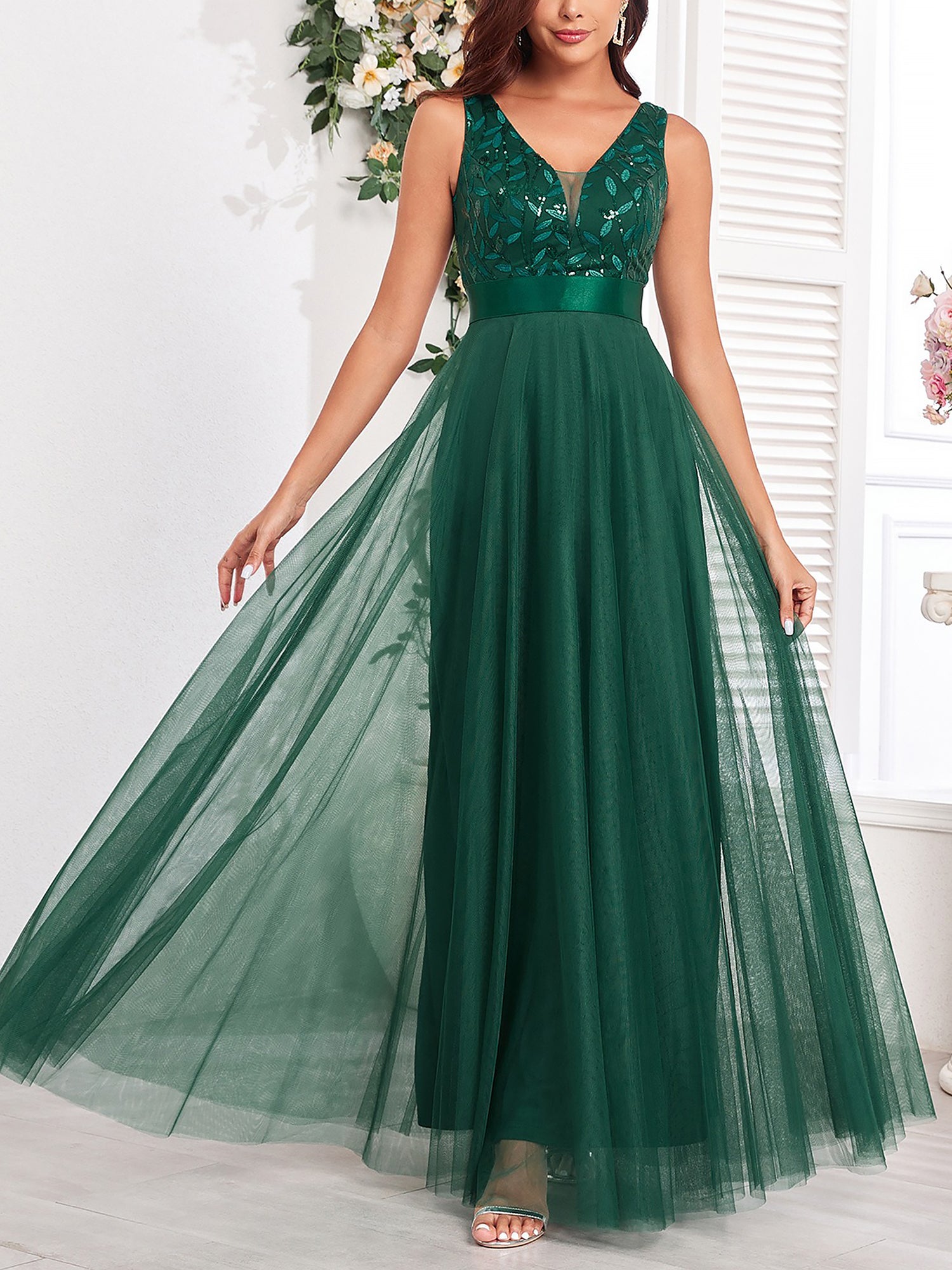Sequin Embroidered V Neck Sleeveless Evening Gown Maxi Dress