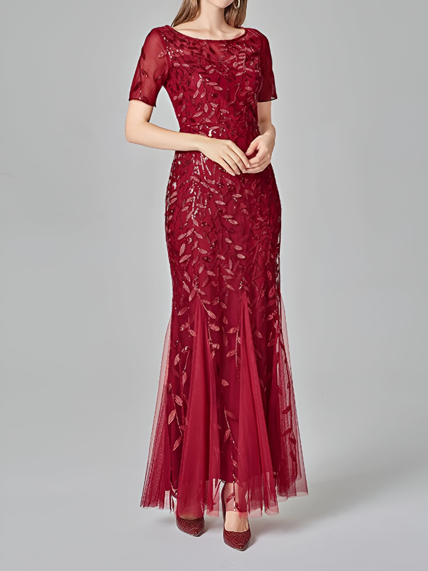 Mesh Embroidered Sequin Evening Gown Fishtail Dress