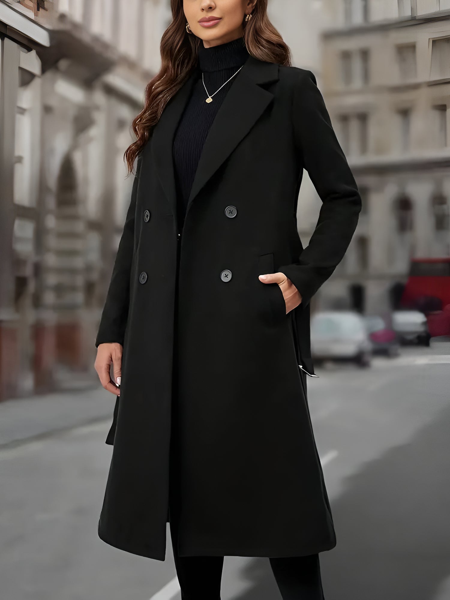 Notched Lapel Double-Breasted Belted Fully Lined Mid-Length Coat