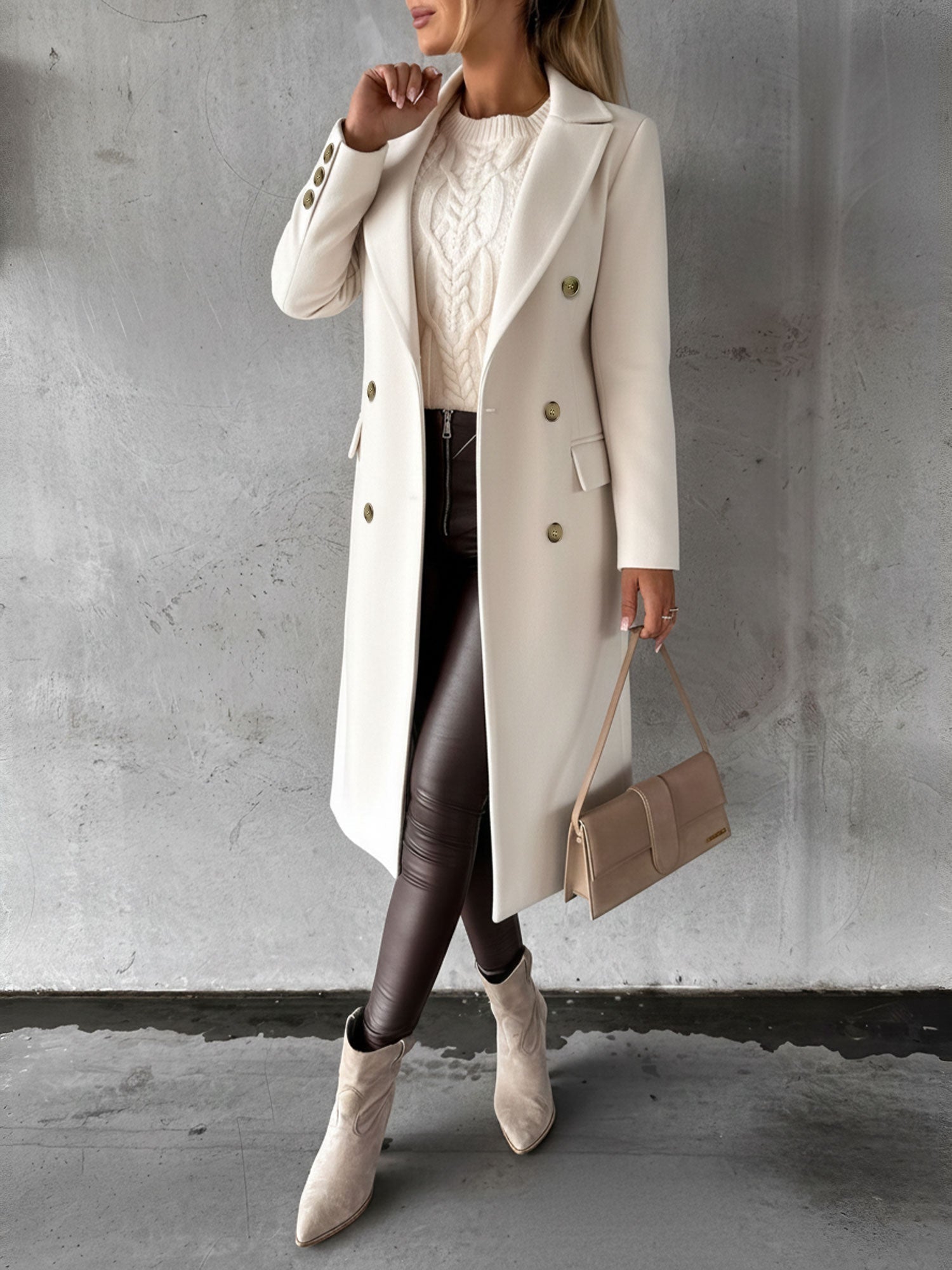 Casual Long Sleeve Double Breasted Notched Lapel Coat