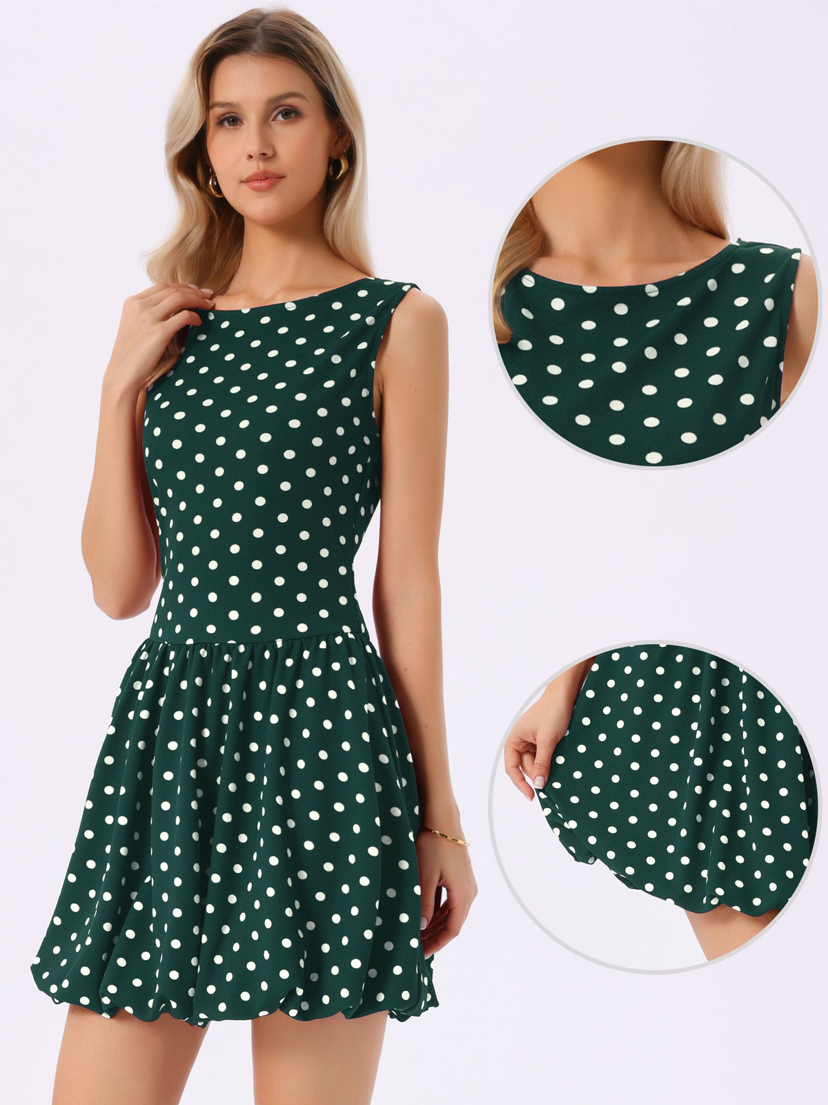 Polka Dot Sleeveless Crew Neck Mini Puff Dress