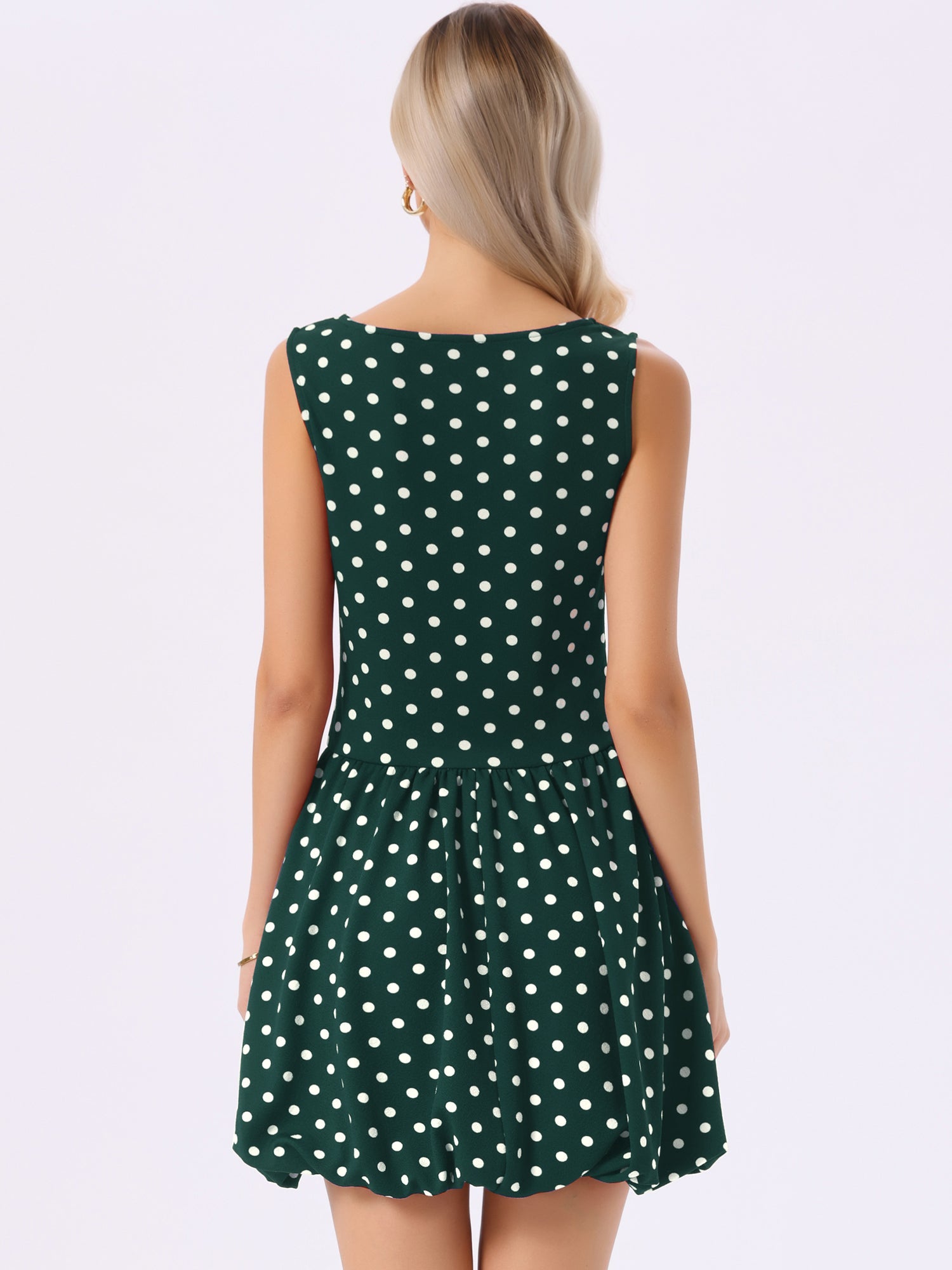 Polka Dot Sleeveless Crew Neck Mini Puff Dress