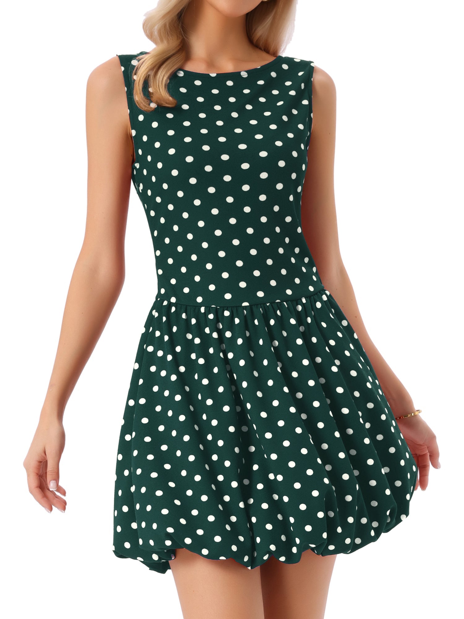 Polka Dot Sleeveless Crew Neck Mini Puff Dress