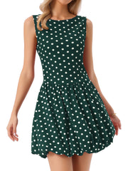 Polka Dot Sleeveless Crew Neck Mini Puff Dress
