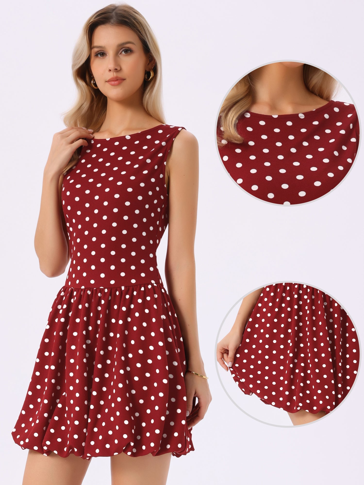 Polka Dot Sleeveless Crew Neck Mini Puff Dress