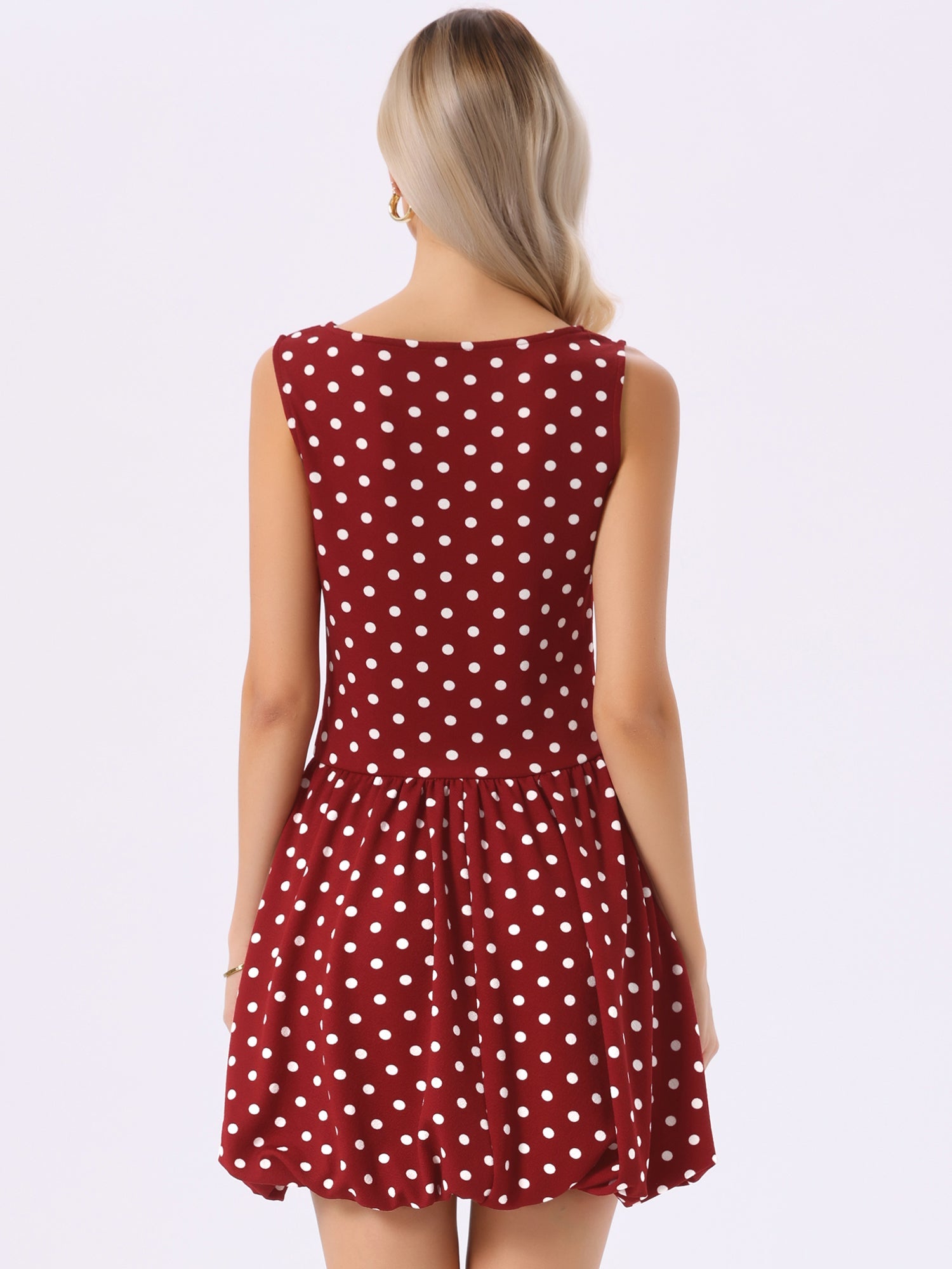 Polka Dot Sleeveless Crew Neck Mini Puff Dress