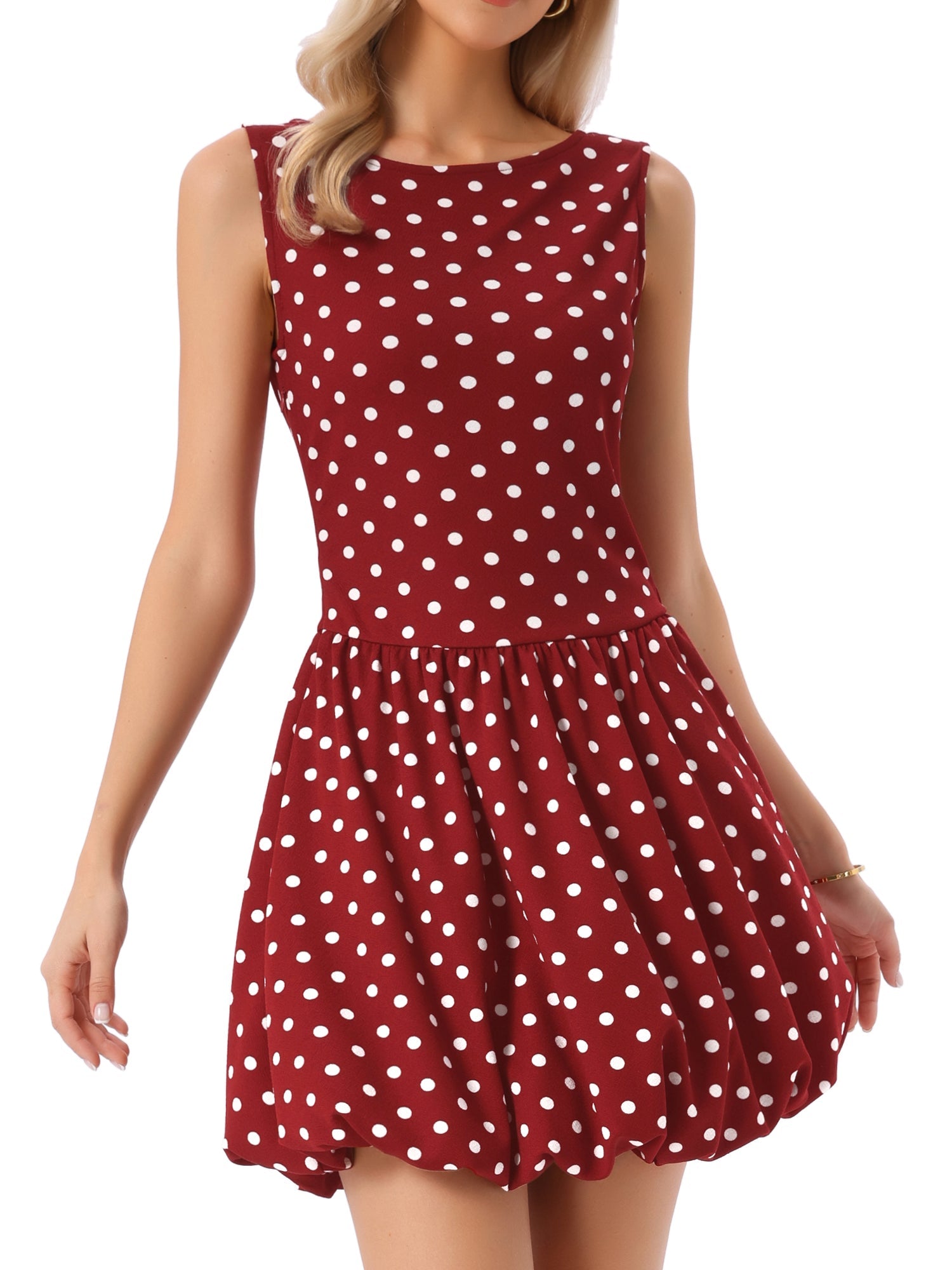 Polka Dot Sleeveless Crew Neck Mini Puff Dress