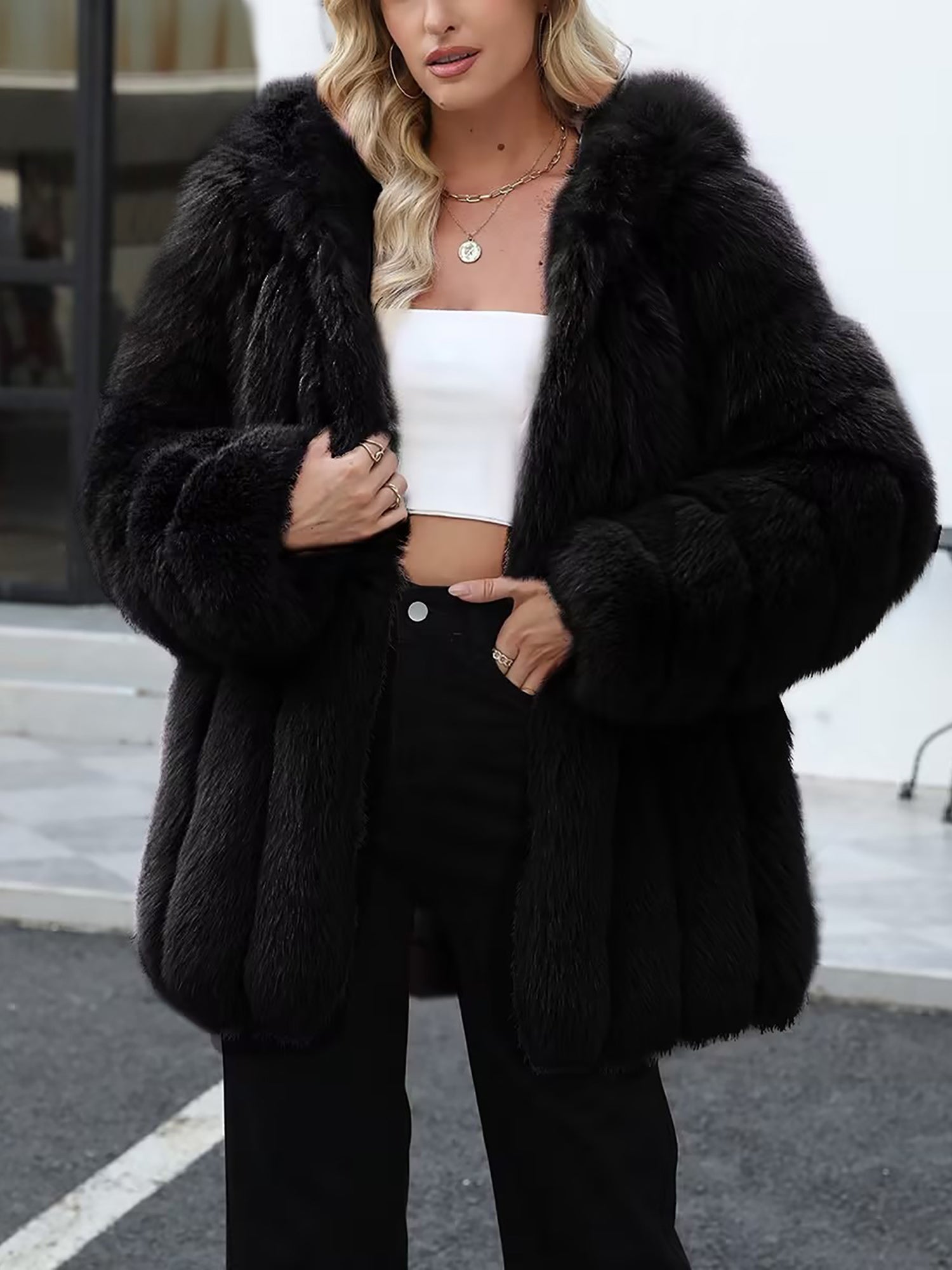 Faux Fur Long Sleeves Fully Lined Winter Coat