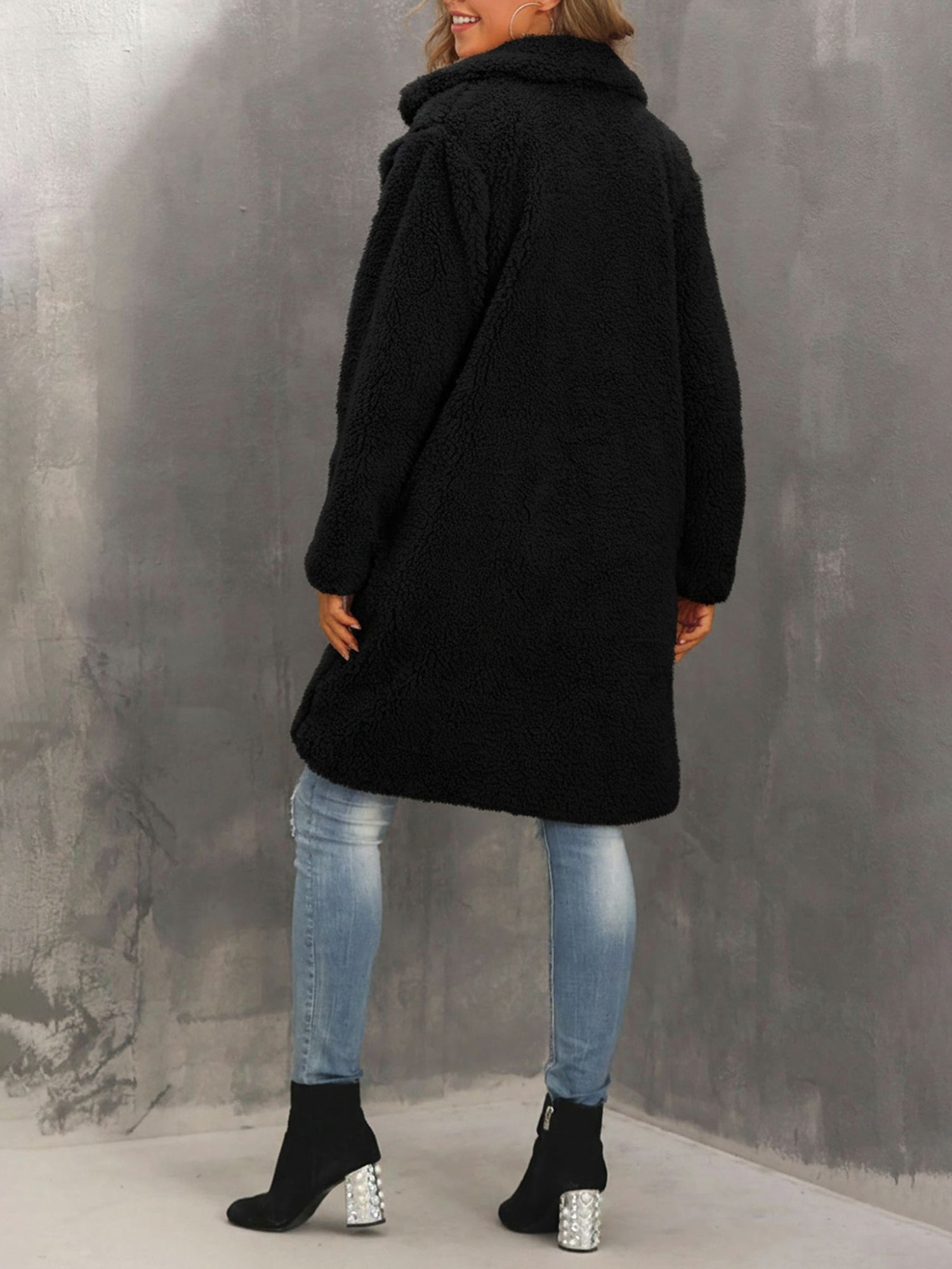 Collared Faux Fur Fully Lined Mid-Length Plush Coat