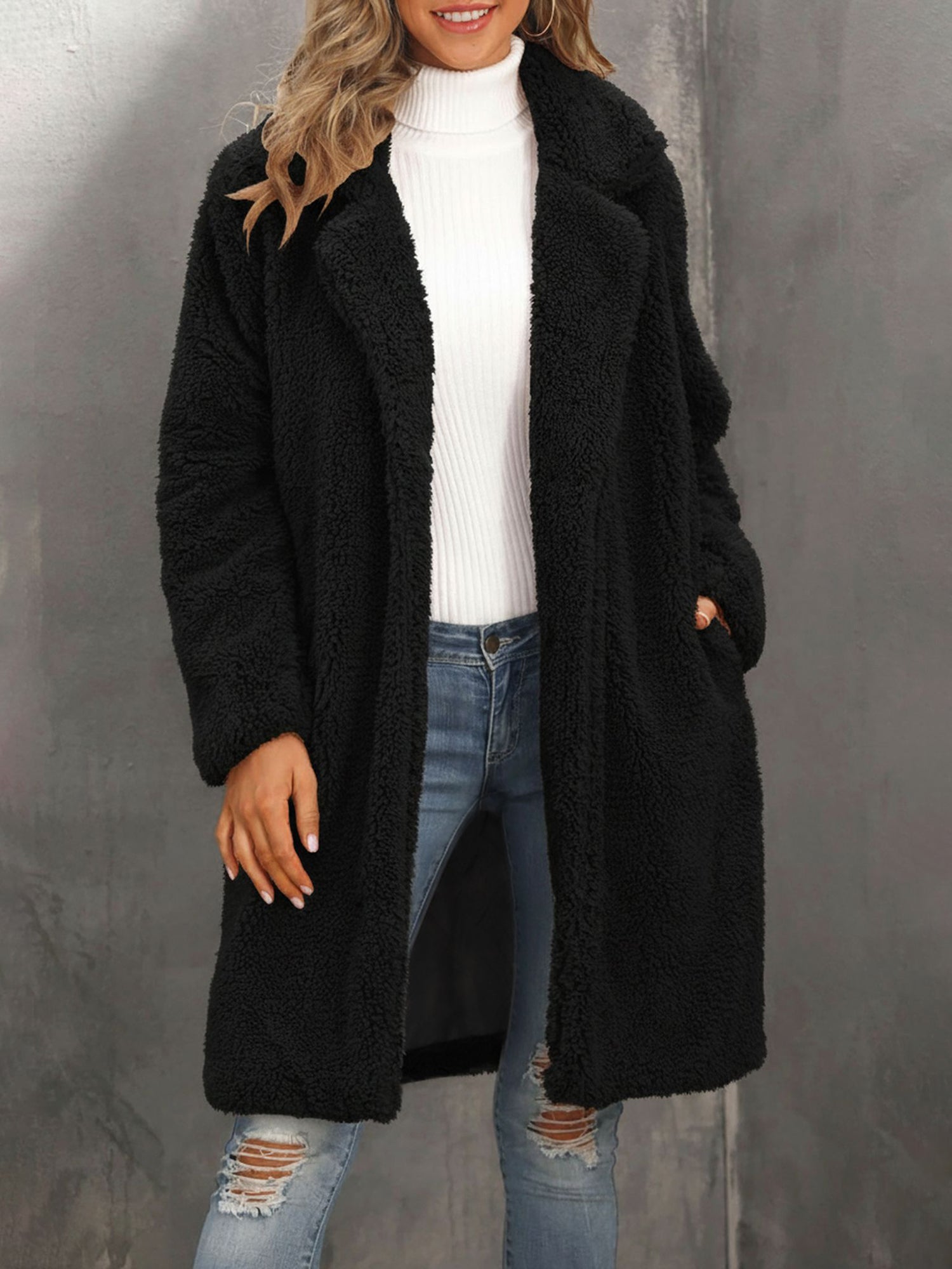 Collared Faux Fur Fully Lined Mid-Length Plush Coat