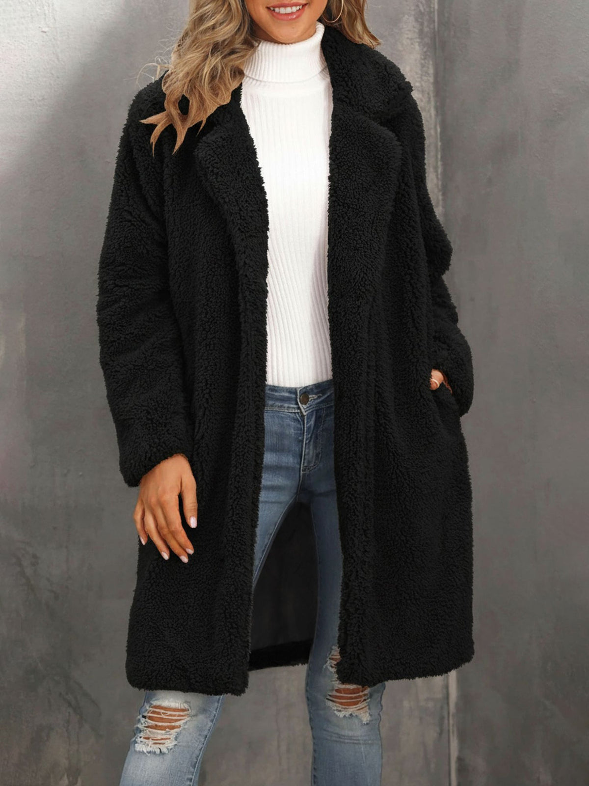 Collared Faux Fur Fully Lined Mid-Length Plush Coat