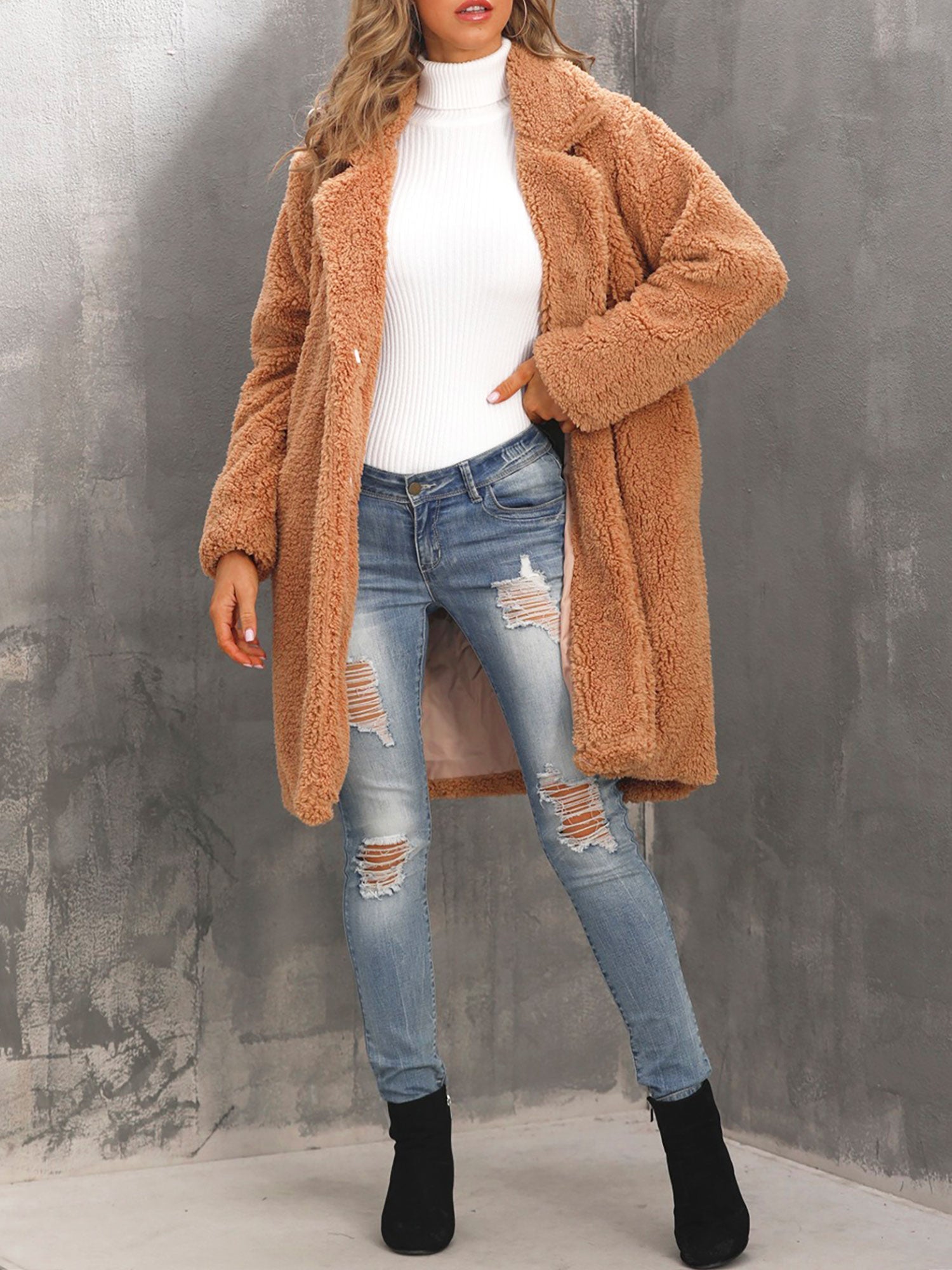 Collared Faux Fur Fully Lined Mid-Length Plush Coat