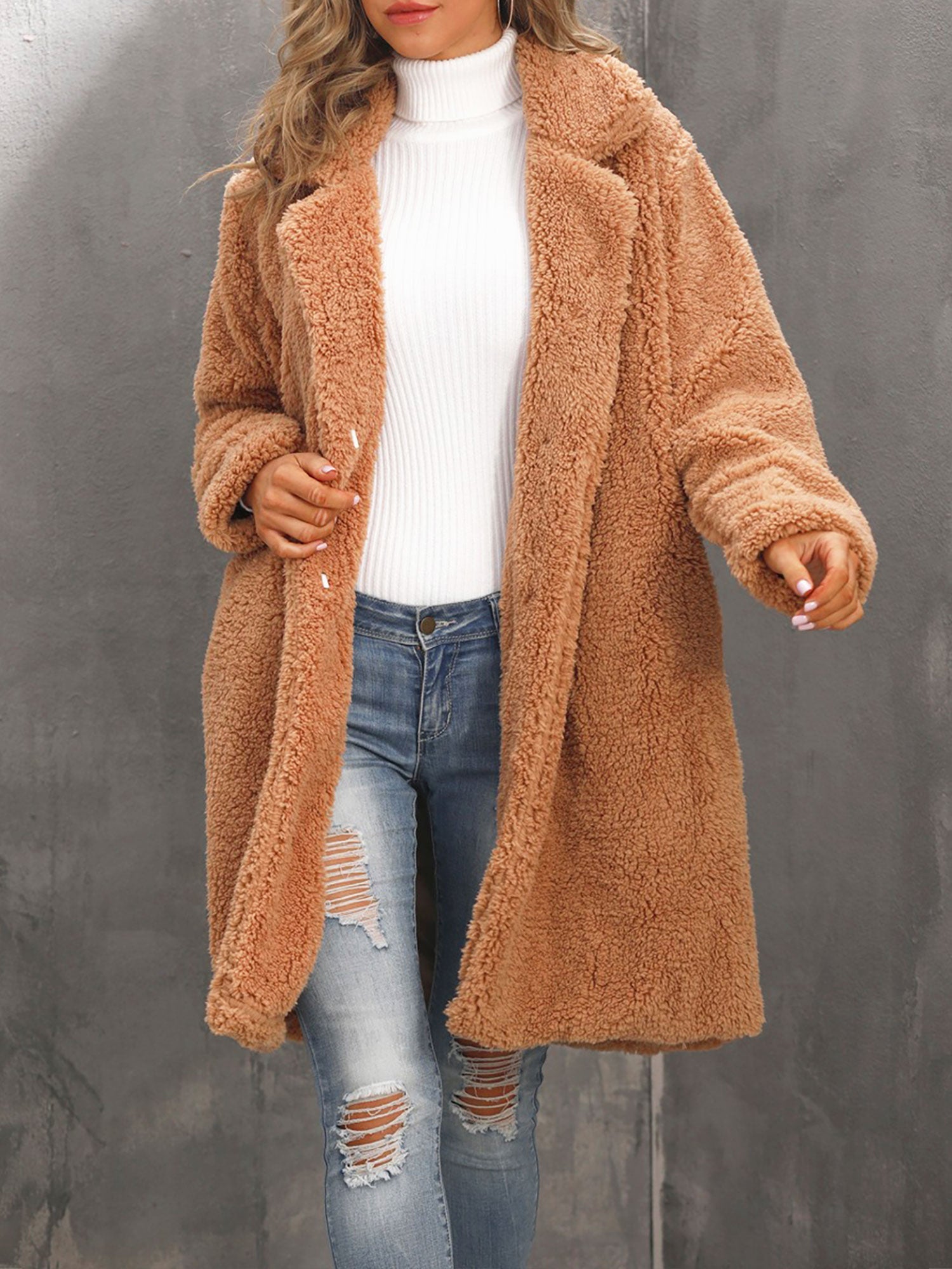 Collared Faux Fur Fully Lined Mid-Length Plush Coat