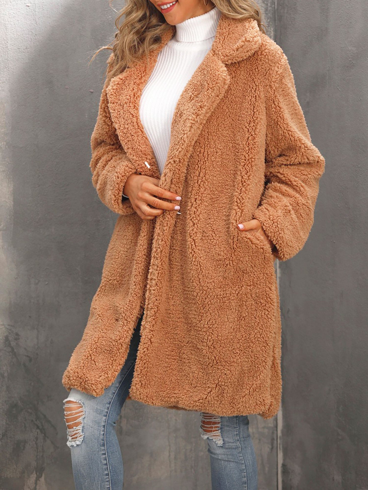 Collared Faux Fur Fully Lined Mid-Length Plush Coat