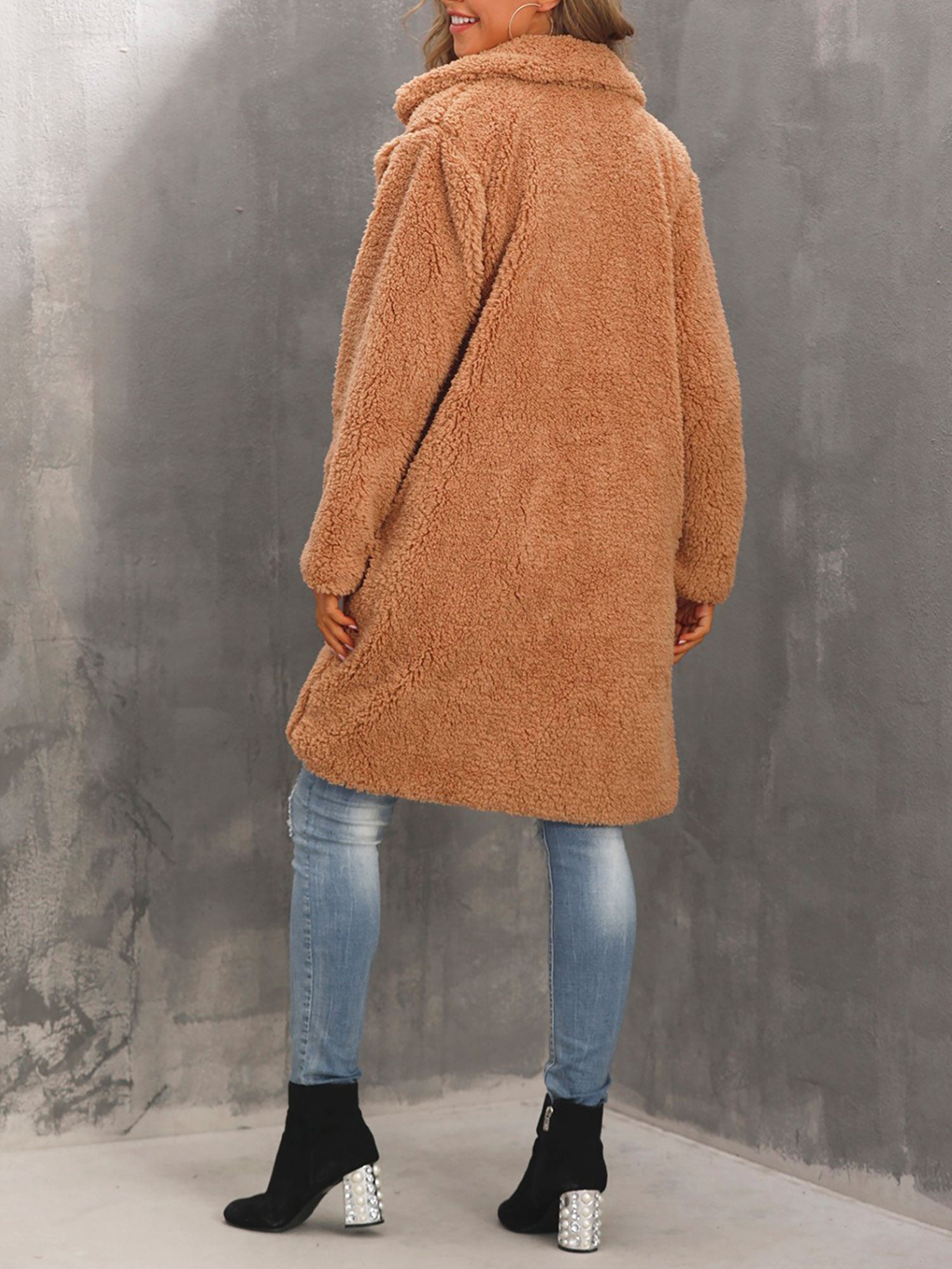 Collared Faux Fur Fully Lined Mid-Length Plush Coat