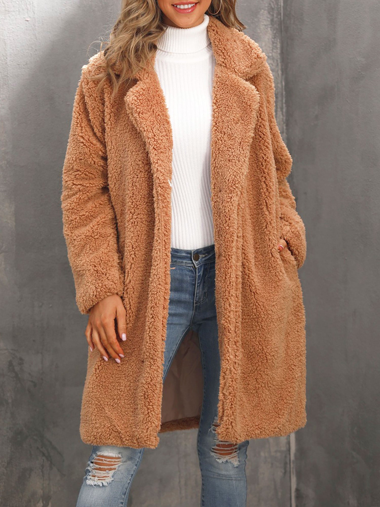 Collared Faux Fur Fully Lined Mid-Length Plush Coat