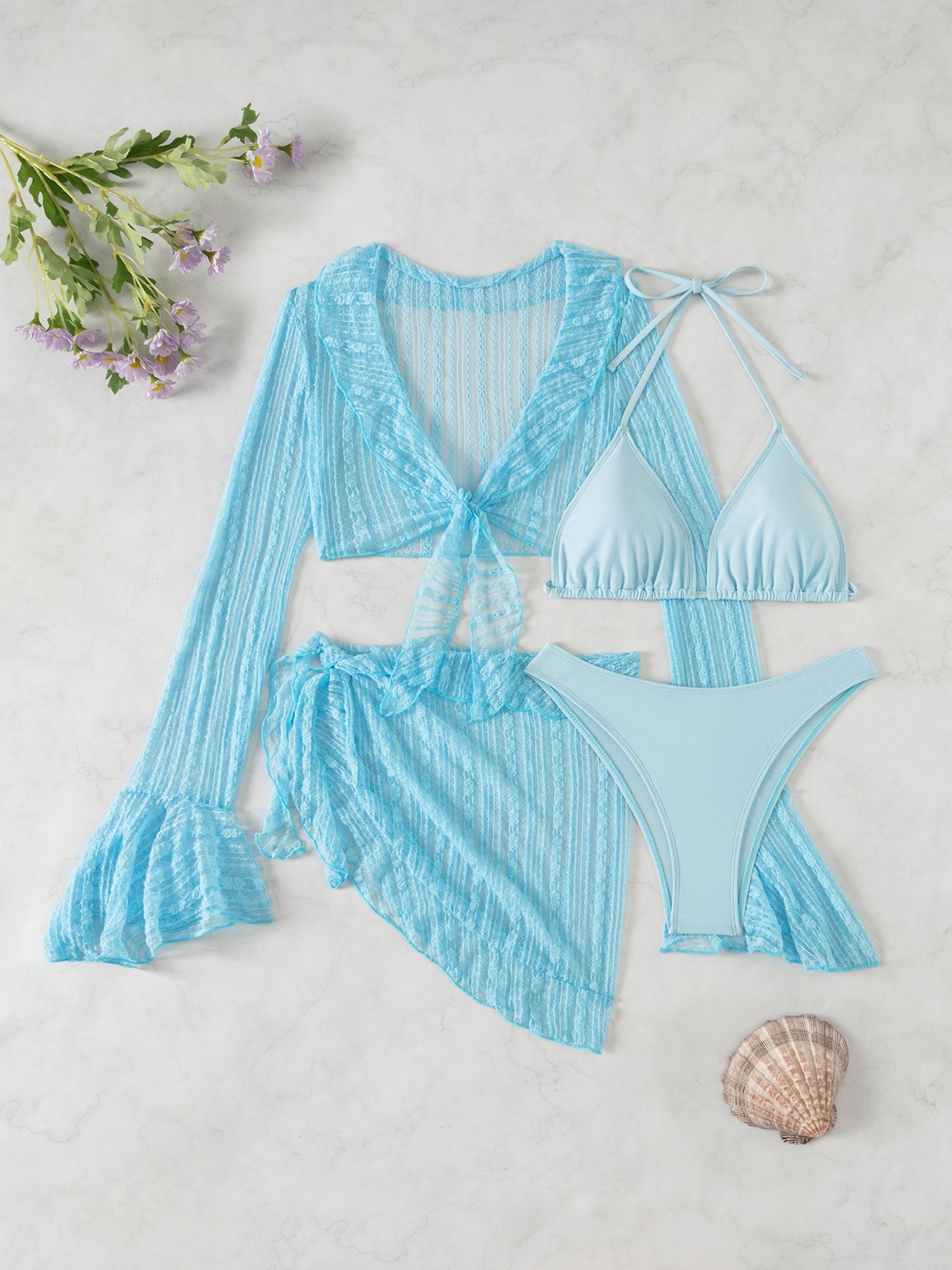 Swimwear Beach Lace Long Sleeve Cover-Ups & Halter Neck Bikinis Set