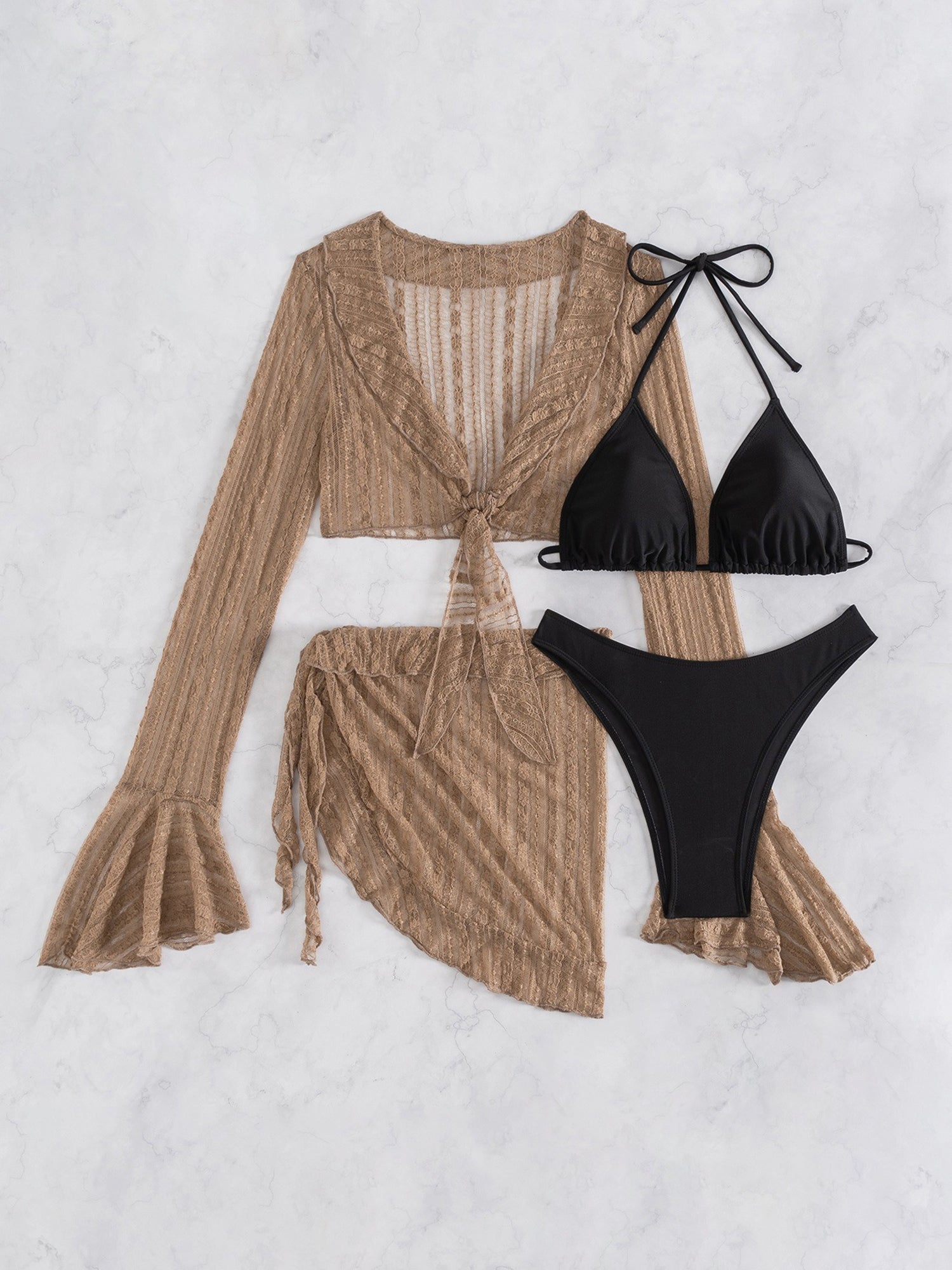 Swimwear Beach Lace Long Sleeve Cover-Ups & Halter Neck Bikinis Set