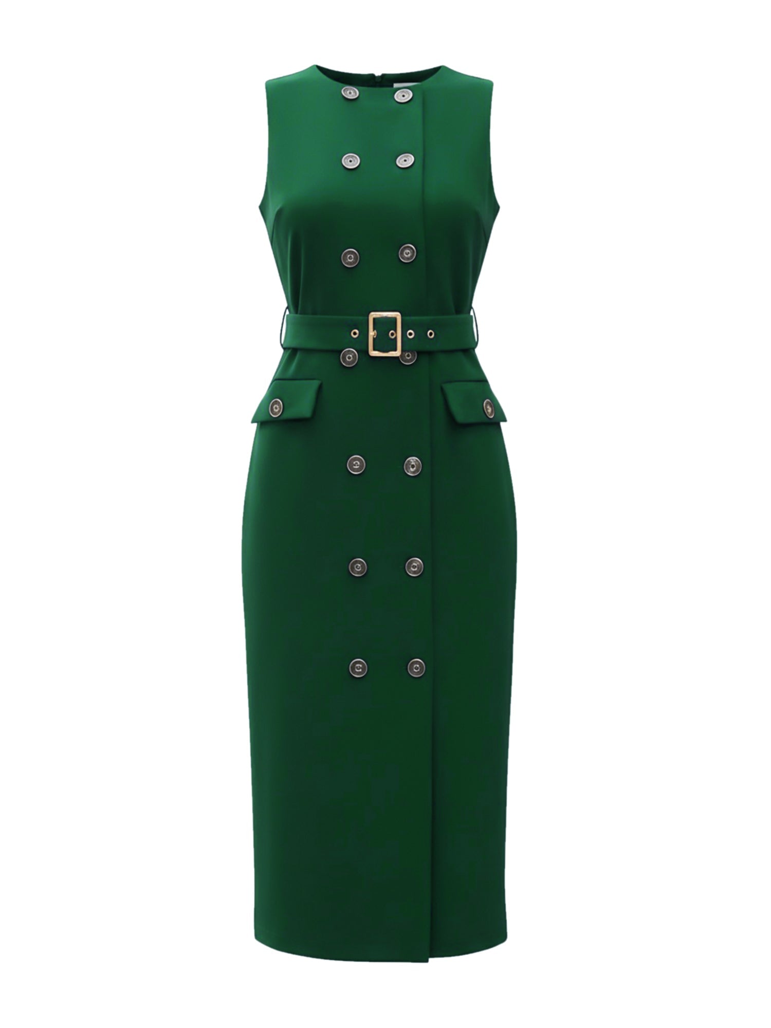 Double Breasted Pocketed Sleeveless Business Belted Sheath Dress