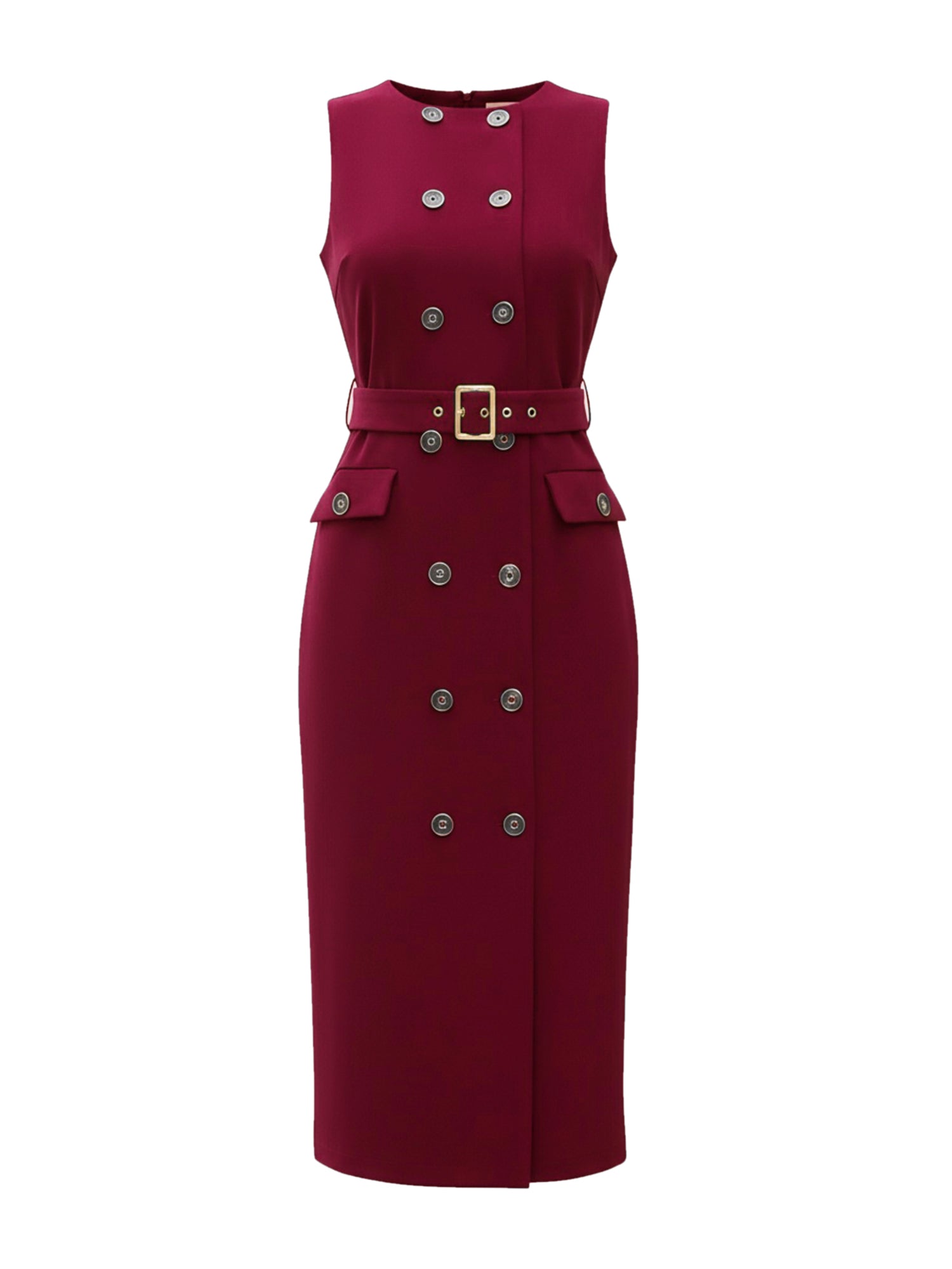 Double Breasted Pocketed Sleeveless Business Belted Sheath Dress