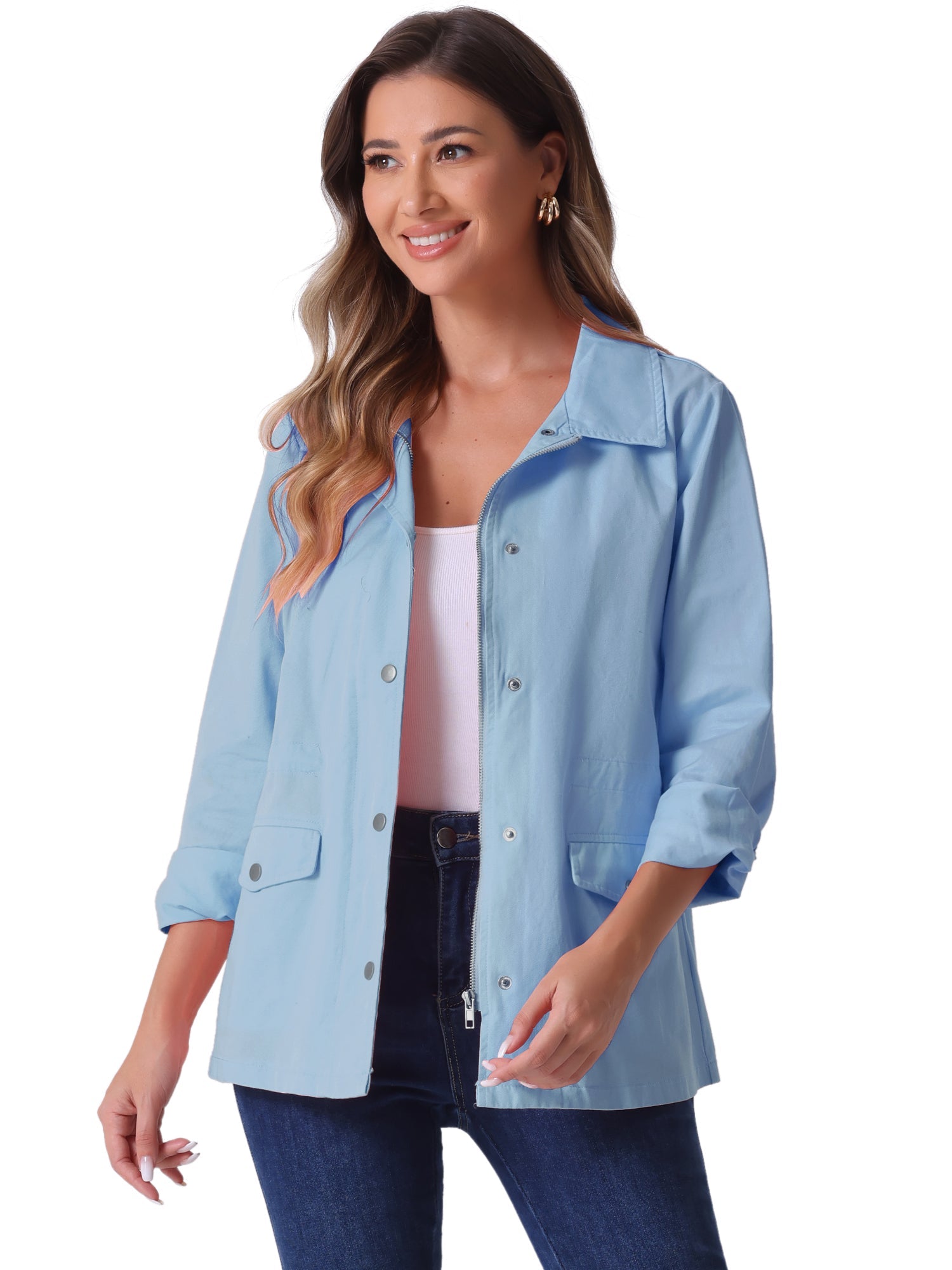 Drawstring Waist Flap Pocket Lightweight Utility Safari Jacket
