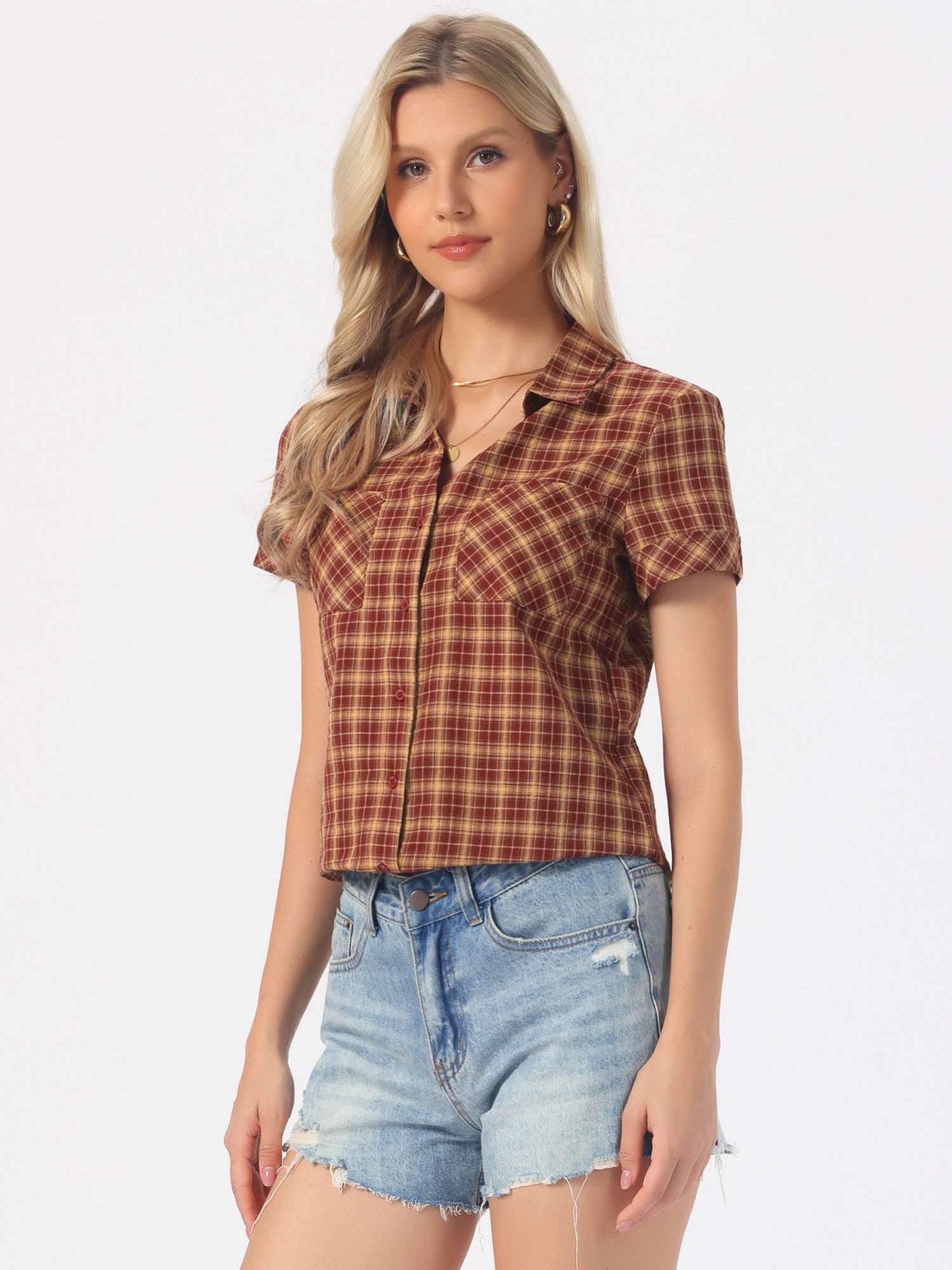 Cotton Classic Button Down Plaid Short Sleeve Shirt