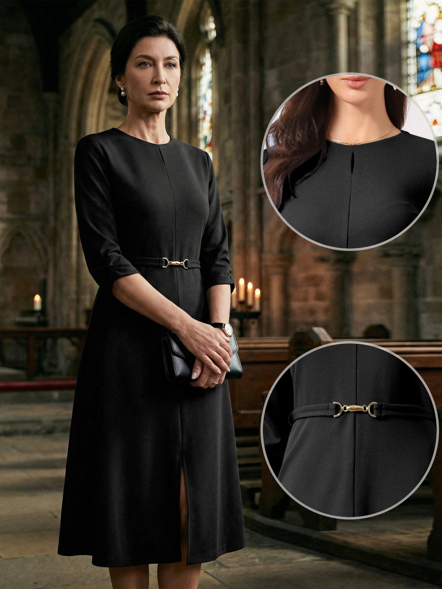 Work Keyhole Neck 3/4 Sleeve Belted Office A-Line Dress