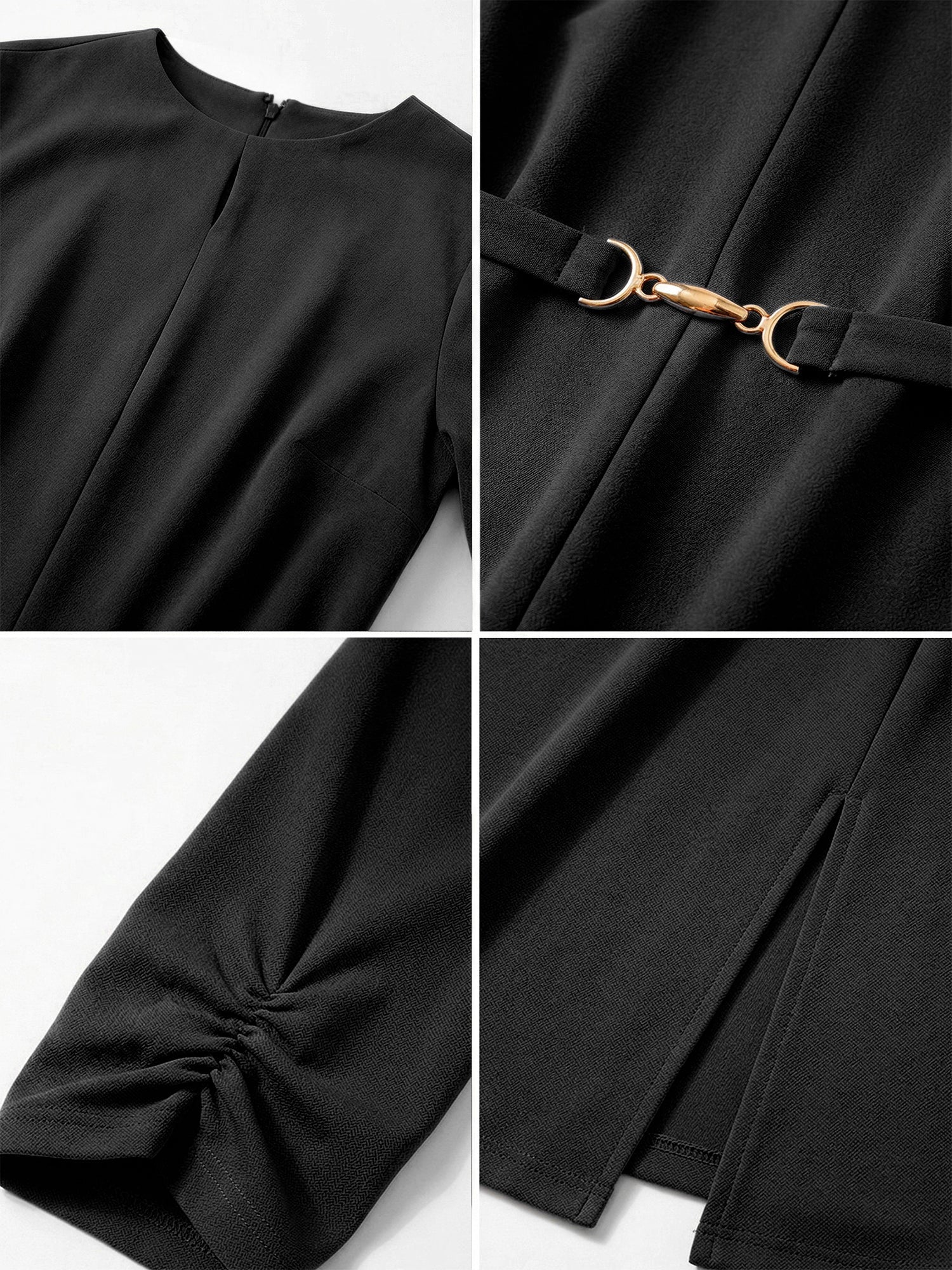 Work Keyhole Neck 3/4 Sleeve Belted Office A-Line Dress