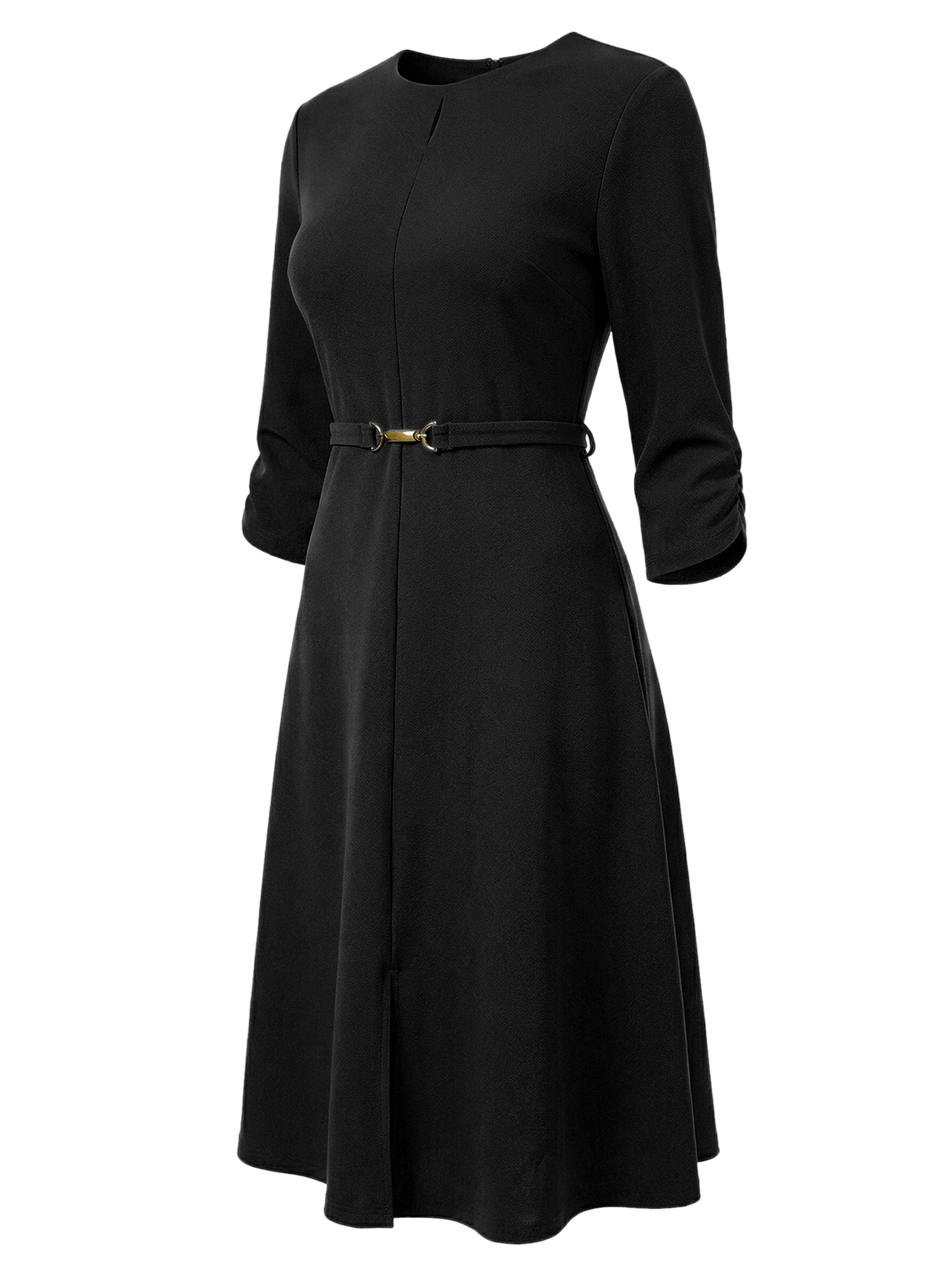 Work Keyhole Neck 3/4 Sleeve Belted Office A-Line Dress