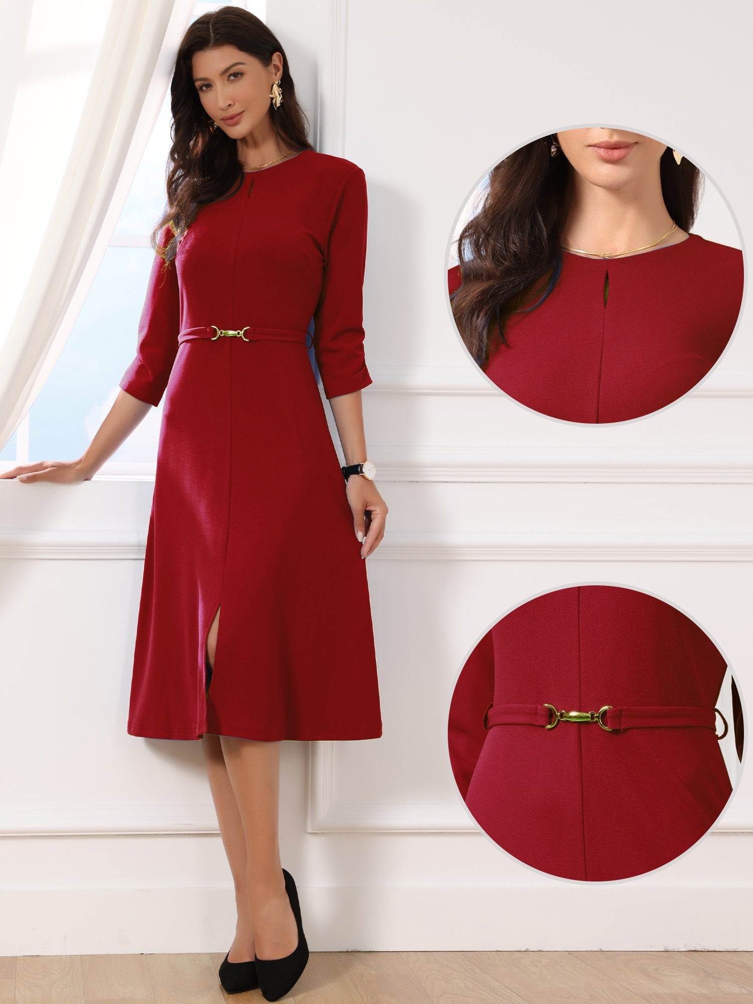 Work Keyhole Neck 3/4 Sleeve Belted Office A-Line Dress