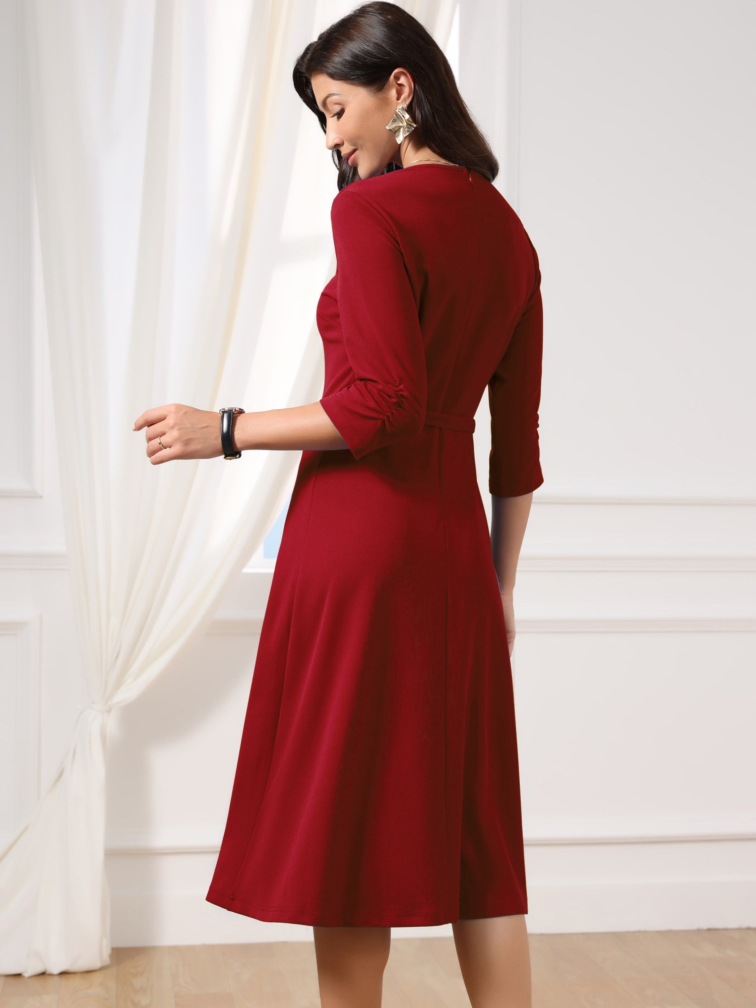 Work Keyhole Neck 3/4 Sleeve Belted Office A-Line Dress