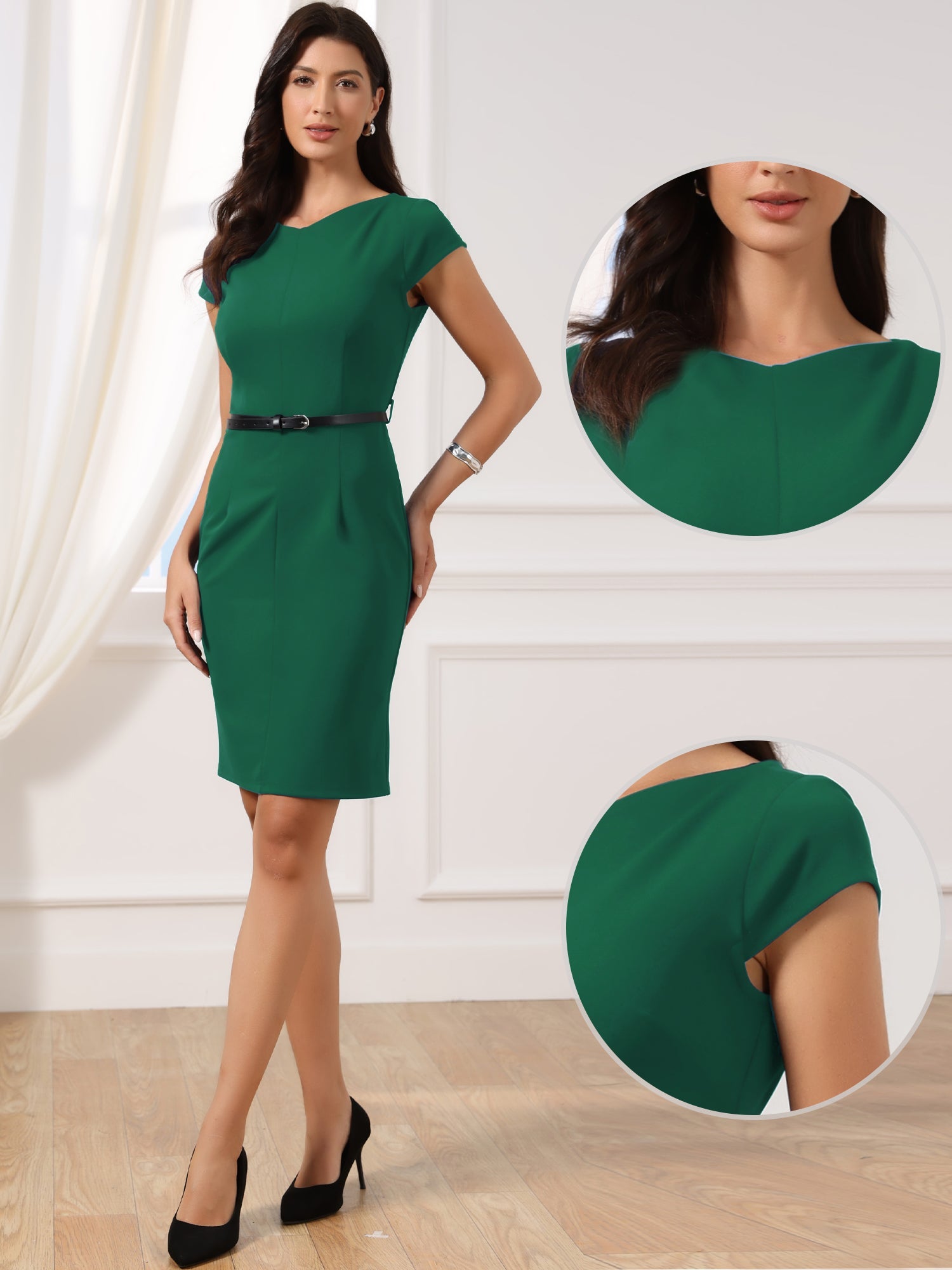 Cap Sleeve V Neck Casual Work Office Belted Sheath Dress